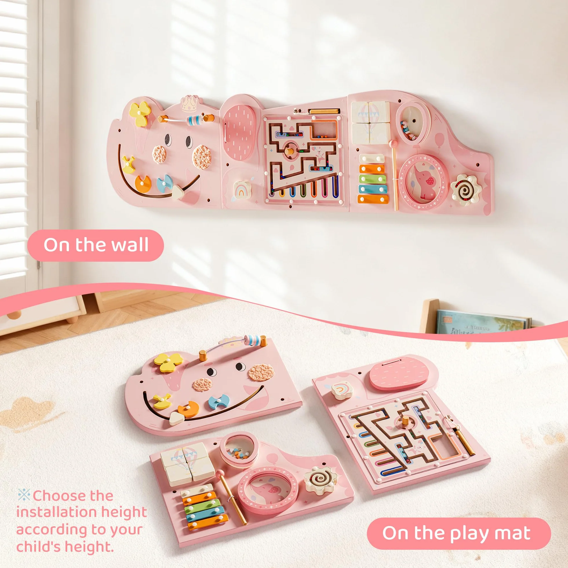Montessori Tavola Motorizzata in Legno 11 in 1 Busy Board Giocattolo da Parete per Bambini 18 Mesi Rosa