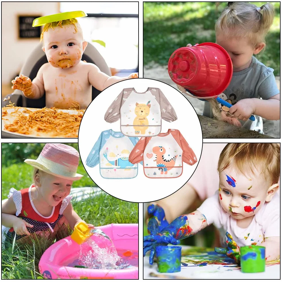 Vicloon Bavaglini Impermeabili con Maniche per Bambini Set 3 Pezzi Grembiule Pappa Pittura 6 Mesi 3 Anni