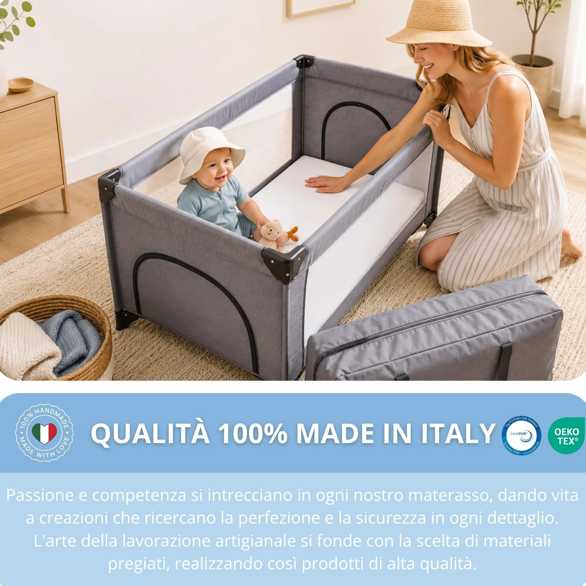 Materasso Lettino da Campeggio Sfoderabile Pieghevole 60x120x4 EN16890:2017 Federa 100% Cotone Oeko-tex® Certipur™