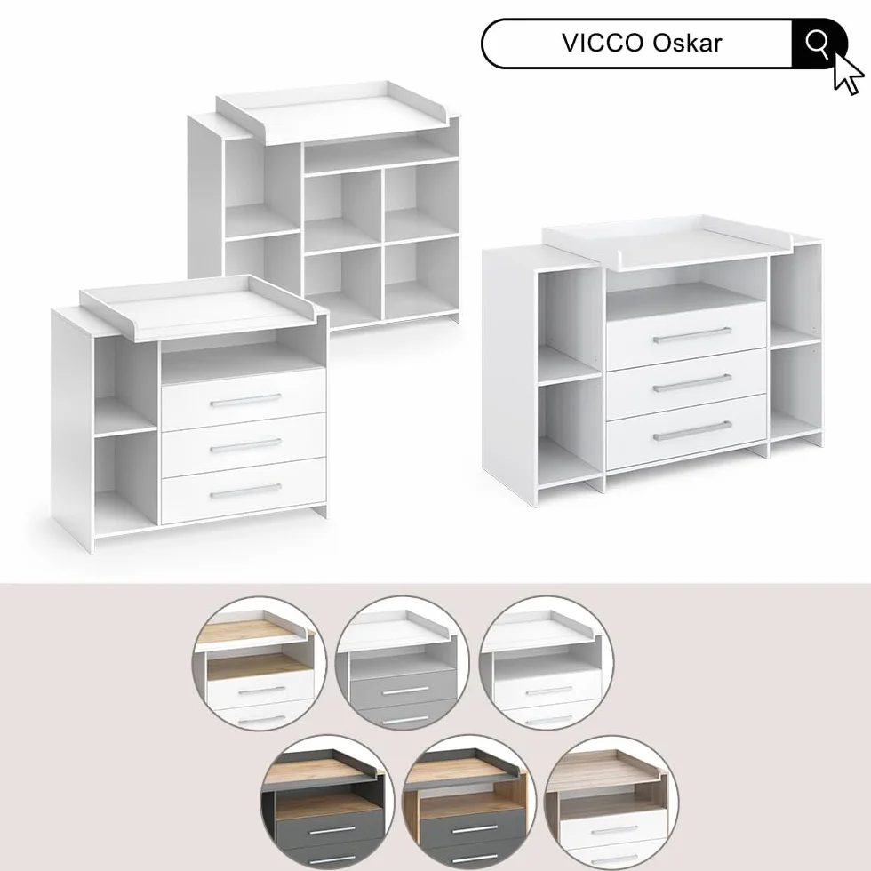 Vicco Fasciatoio Oskar, Rovere bianco/dorato, 143.2 x 93 cm, 3 cassetti, area di appoggio estensibile