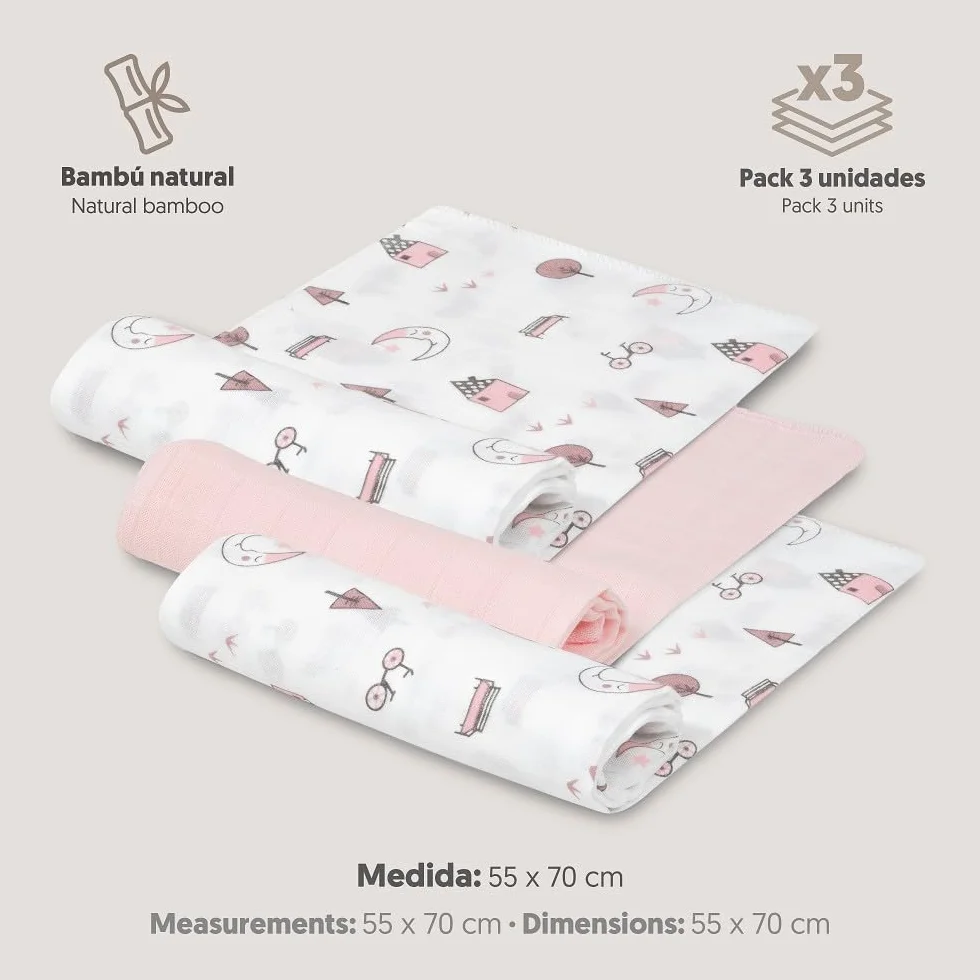 INTERBABY Set di 3 Mussole di Bambù MOON rosa per neonati 55x70 cm