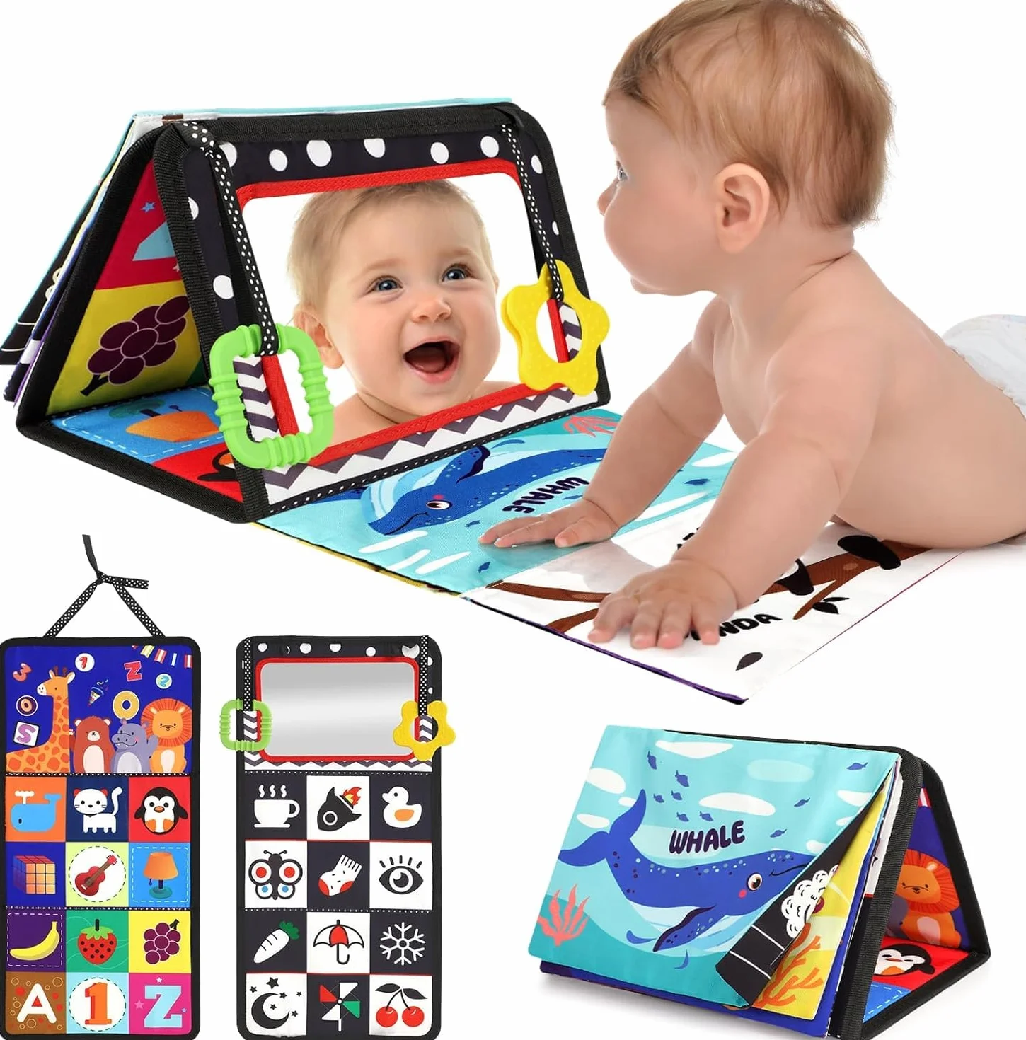 Giochi Montessori Neonato 0 3 6 12 Mesi, Libro Sensoriale con Specchio, Tummy Time Morbidi di attività Giocattoli Educativi Interattivo Regali