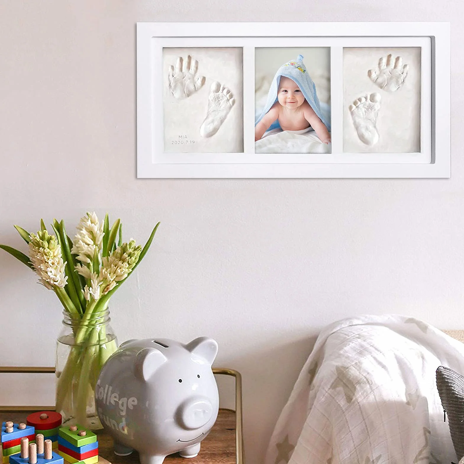 Kit Porta Foto Impronta Mani e Piedi Neonati, Cornice Impronte Neonato con Portafoto Legno e Argilla