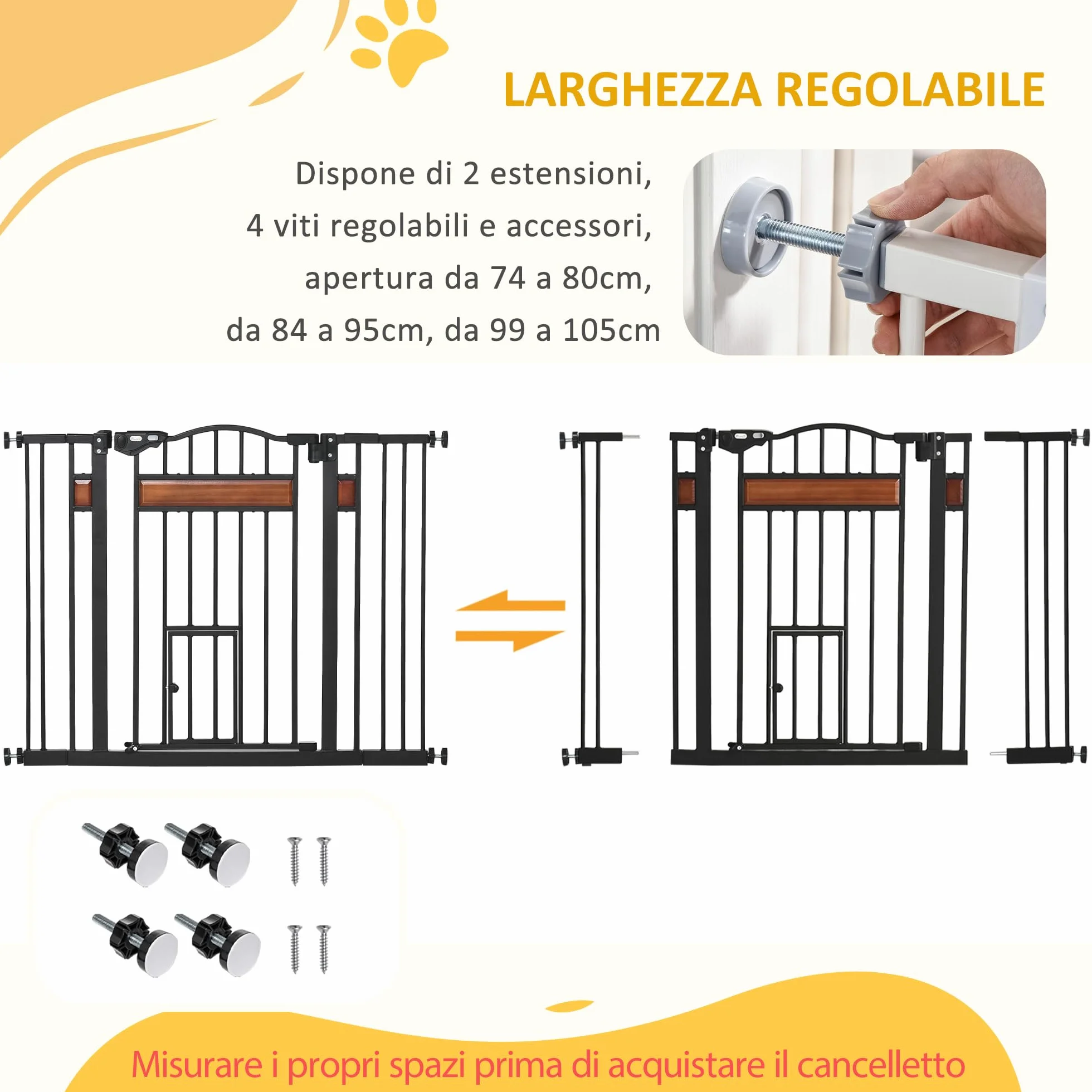 PawHut Cancelletto per Cani in Acciaio Legno di Pino Plastica 74-105x76.2 cm Nero