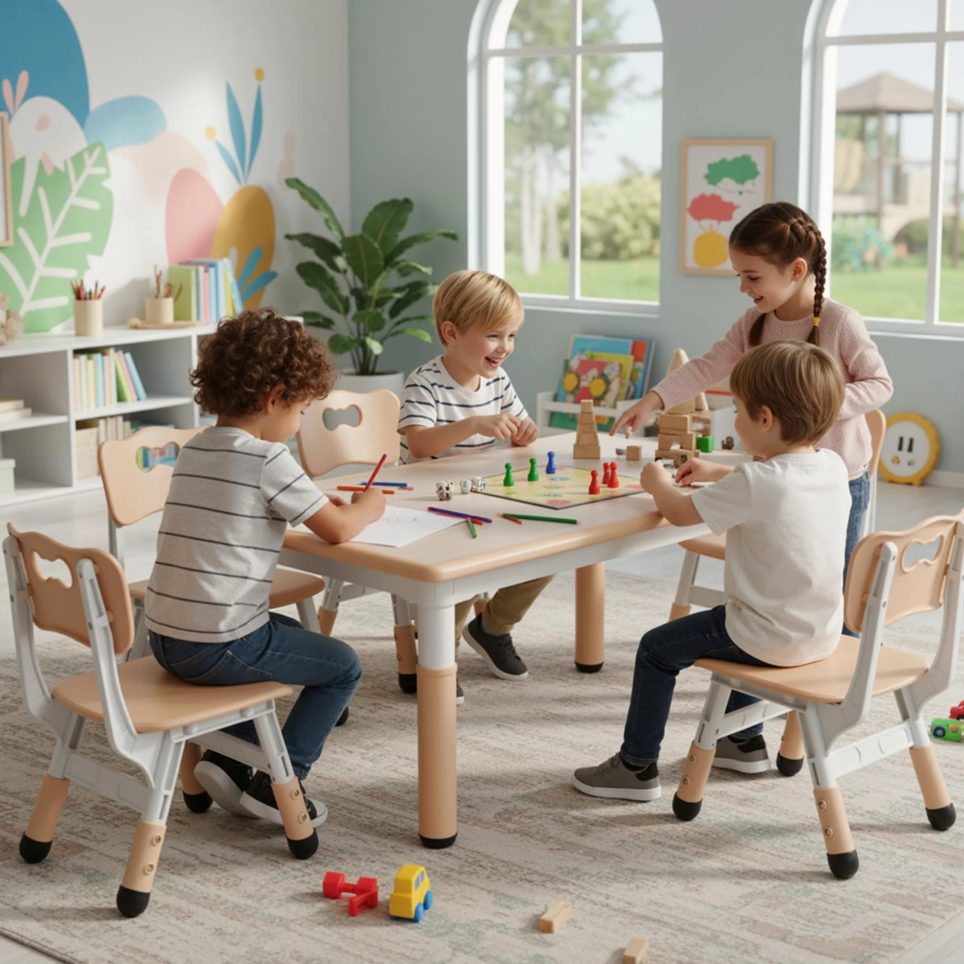 MAMIZO Tavolo Bambini con 4 Sedie Regolabile in Altezza Set Plastica Giallo