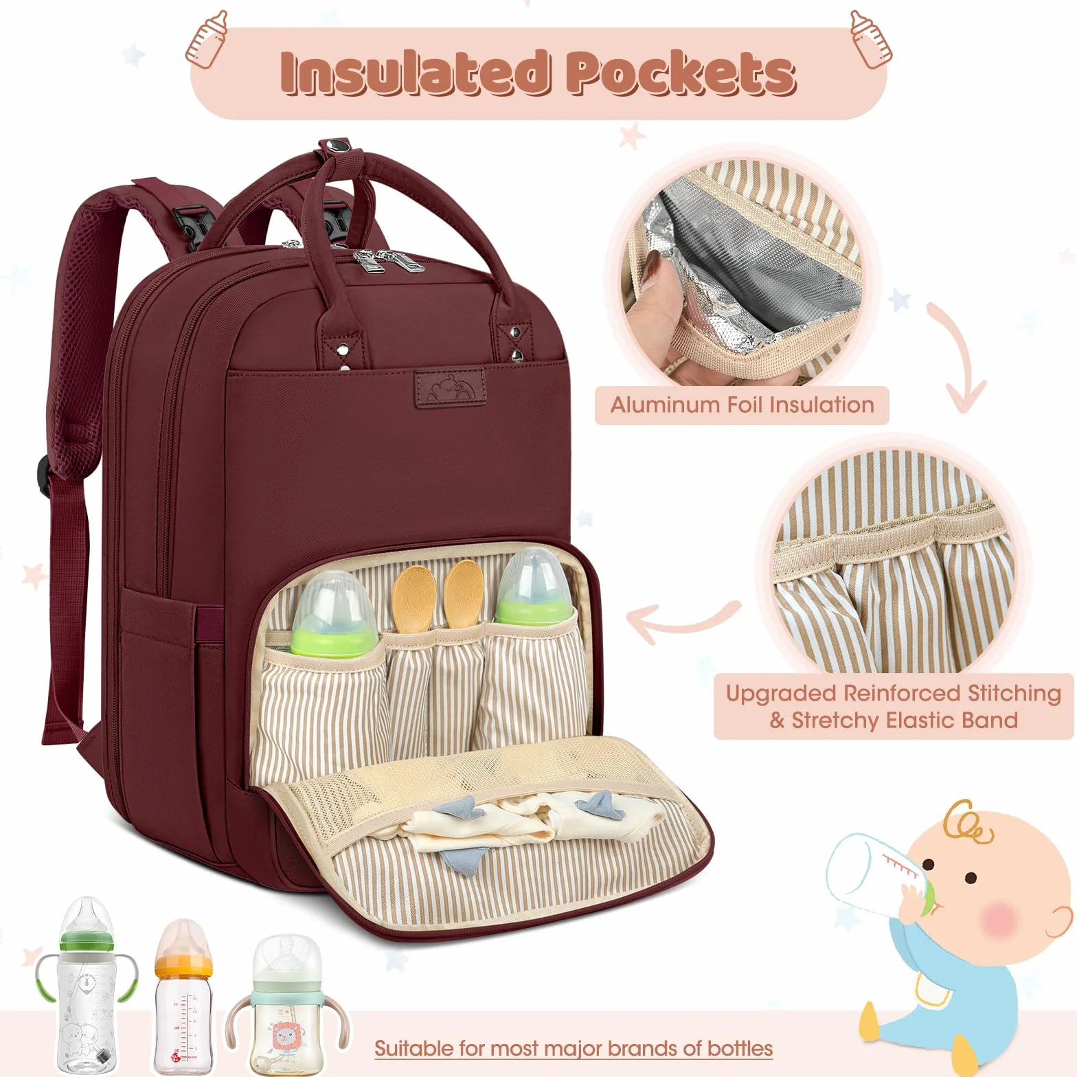 RAINSMORE Zaino Mamma Impermeabile Multifunzione Fasciatoio Grande Capacità Borsa Neonato con Ganci per Passeggino Rosso