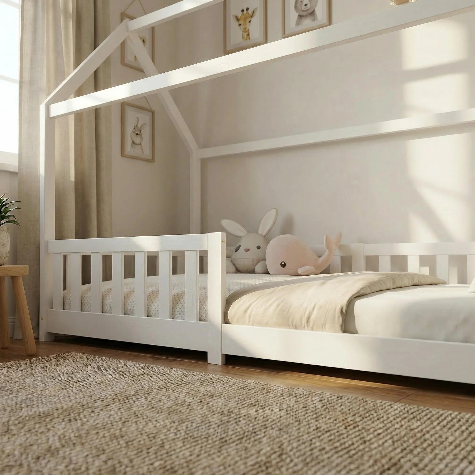 ecomi® Lettino per bambini 90x200 80x160 cm con protezione cadute e rete a doghe Bianco