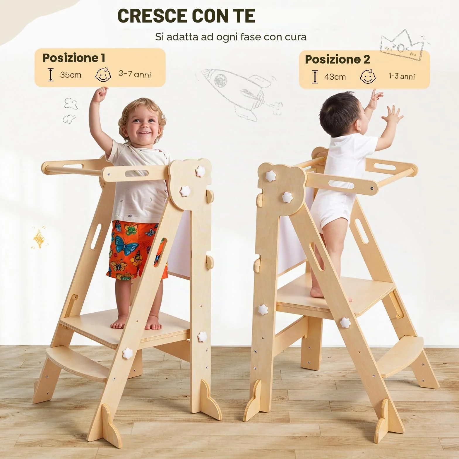 labebe Torre di apprendimento pieghevole 3 in 1 regolabile in altezza e larghezza per bambini da 1 anno