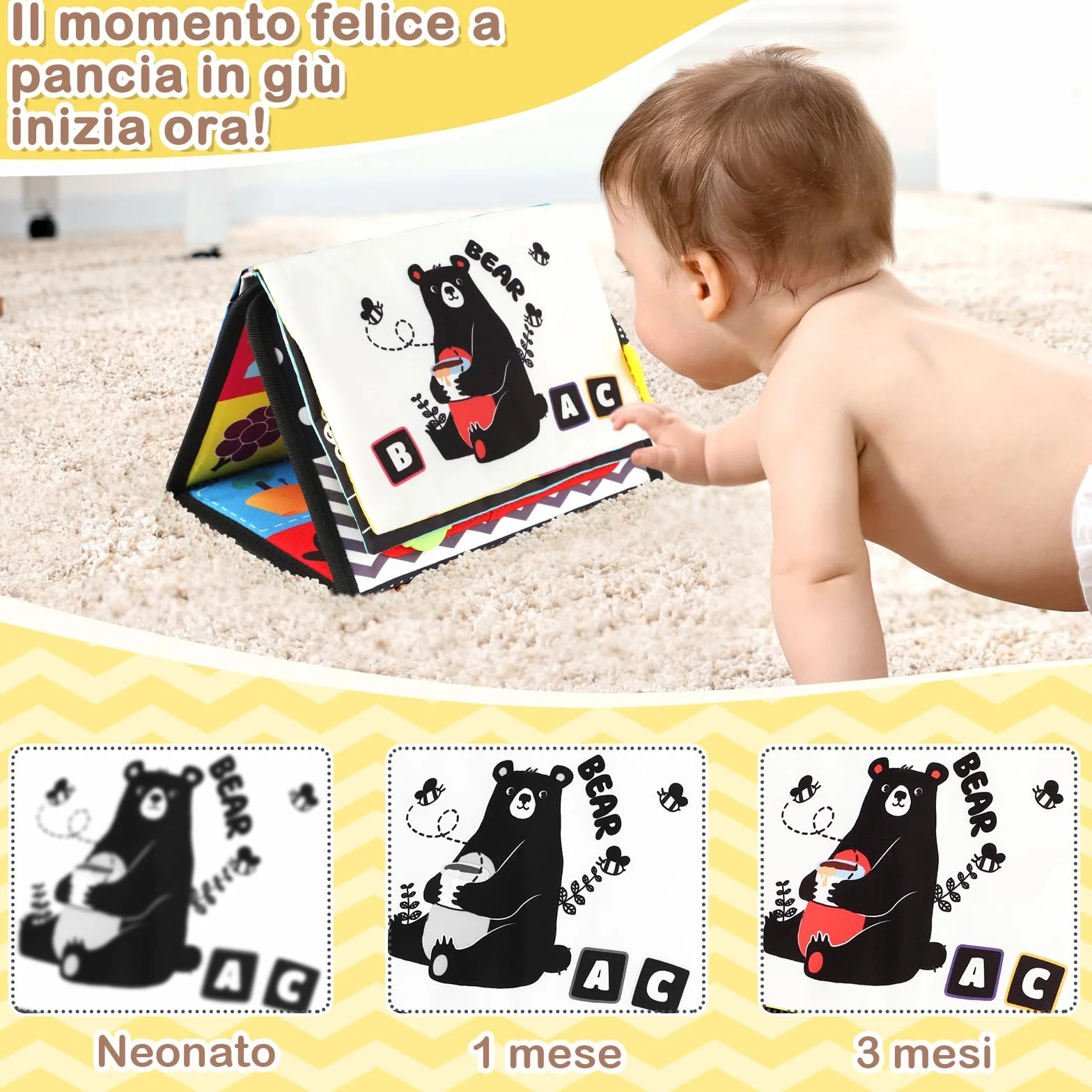Giochi Montessori Neonato 0 3 6 12 Mesi, Libro Sensoriale con Specchio, Tummy Time Morbidi di attività Giocattoli Educativi Interattivo Regali
