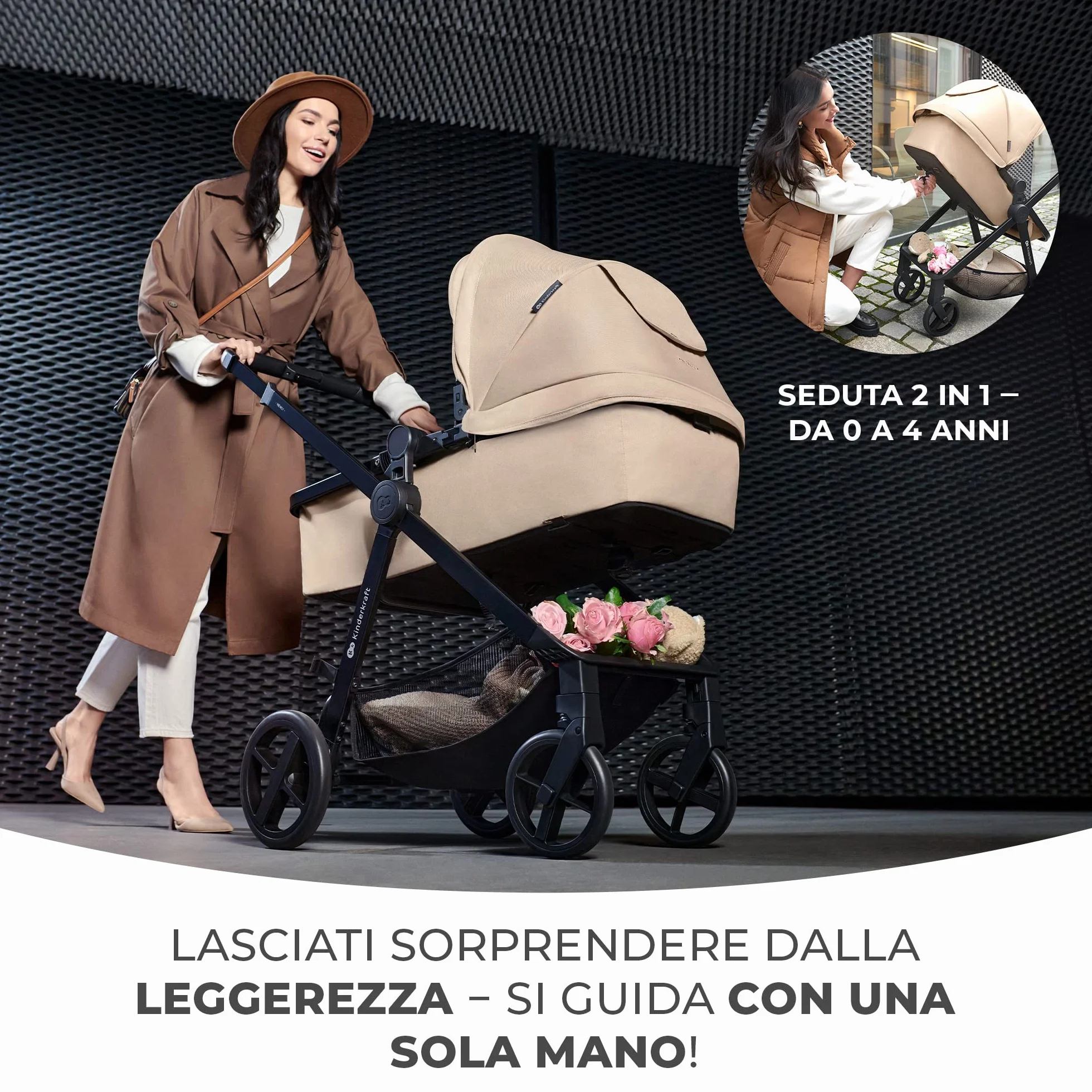Kinderkraft 4 in 1 Trio Passeggino Neonati con Ovetto I-SIZE 40-75 cm, Base ISOFIX, Travel System, UPF50+, Grigio