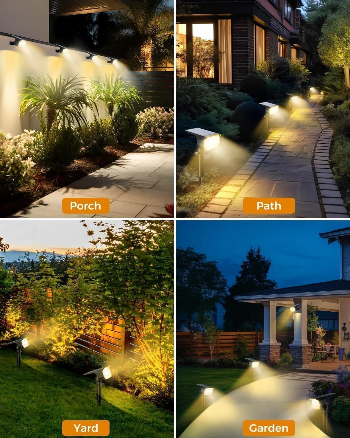 btfarm 4 Pezzi 72LED Faretti Solari a LED da Esterno, 3 Livelli di Luminosità Lampade Luci Solari da Giardino Potenti, IP65 Impermeabile Lampada Lampioni Solare per Cortile, Alberi, Bianco Caldo