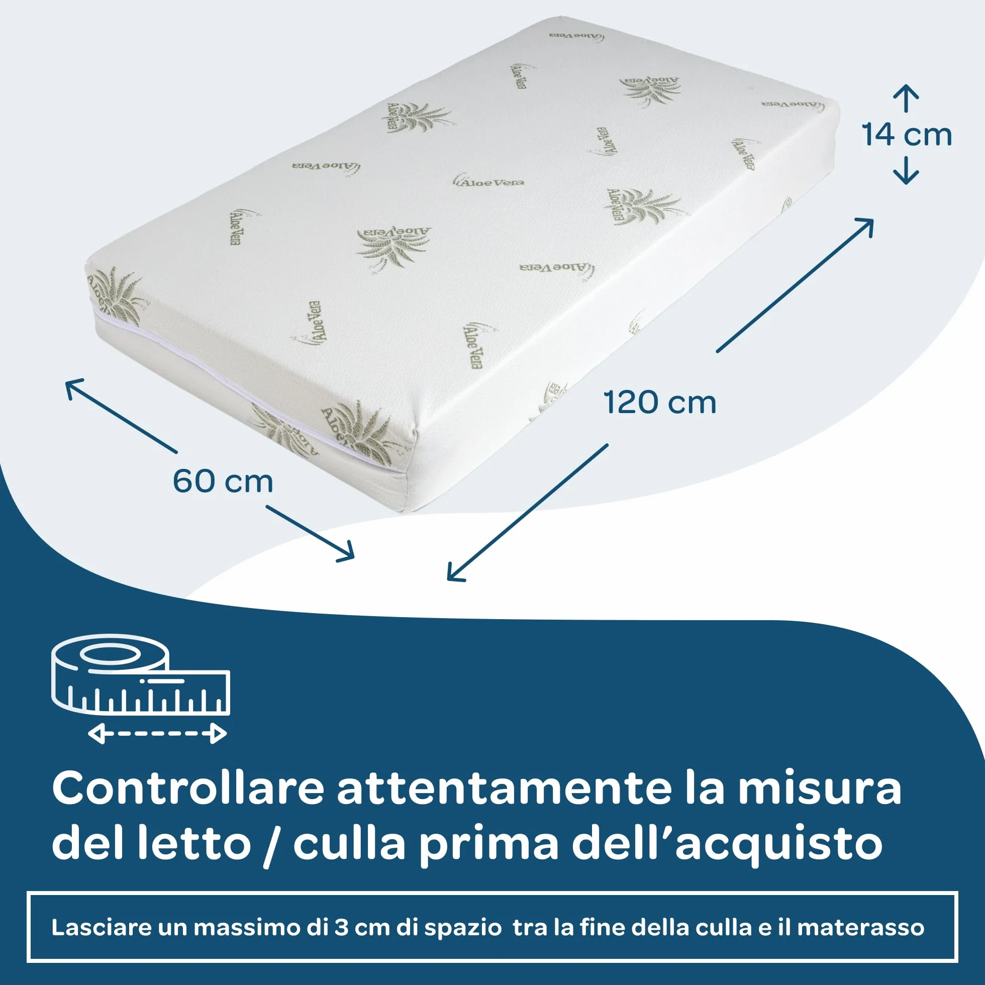 DOLCI SOGNI Materasso Lettino 60x120 cm Spessore 14 cm OEKO-TEX CertiPUR Fodera Aloe Vera Sfoderabile Lavabile