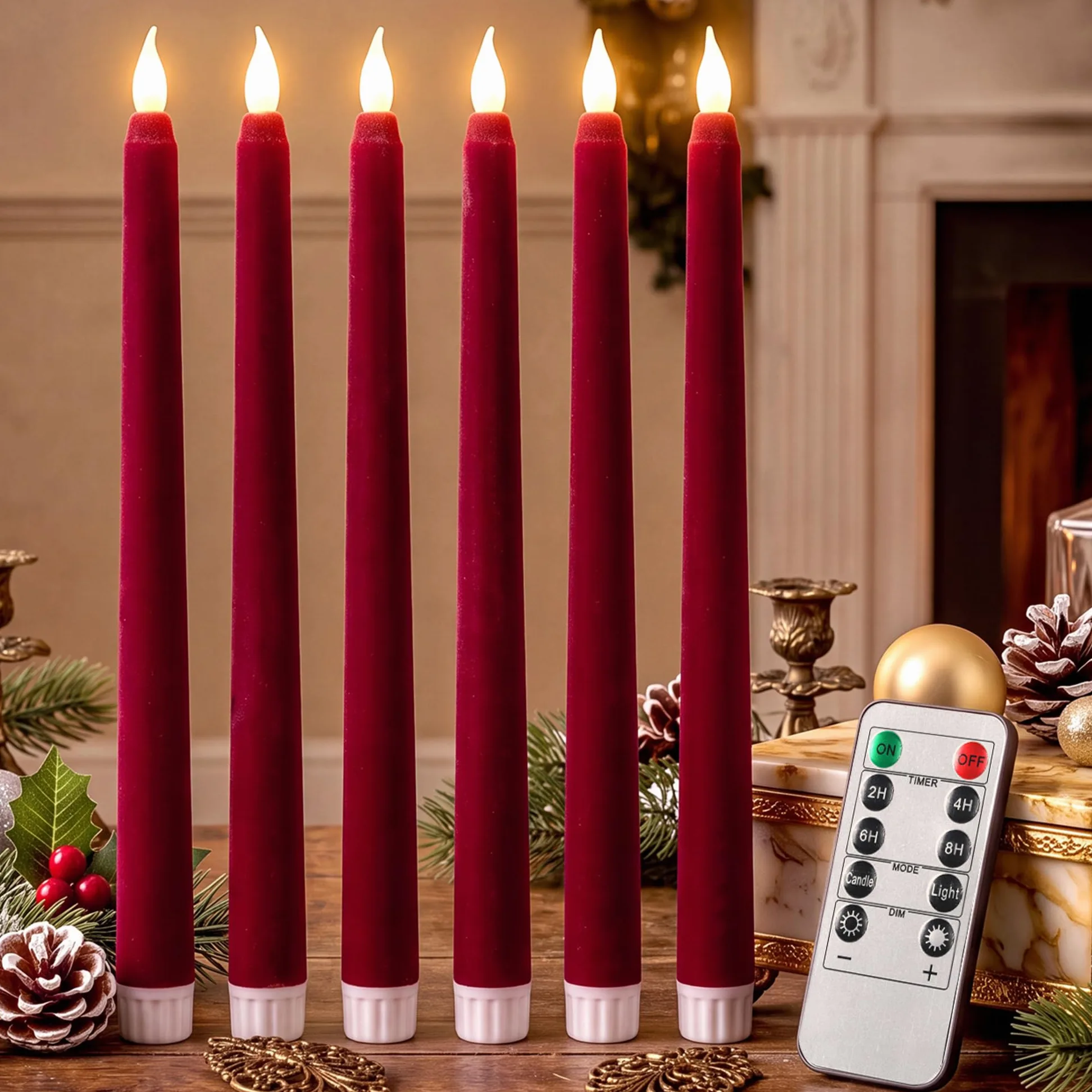 Tujoe 6 pz bordeaux LED velluto cono candele timer telecomando Natale | Design a batteria senza fiamma, effetto tremolante, telecomando con timer, texture vellutata per caminetti, tavoli