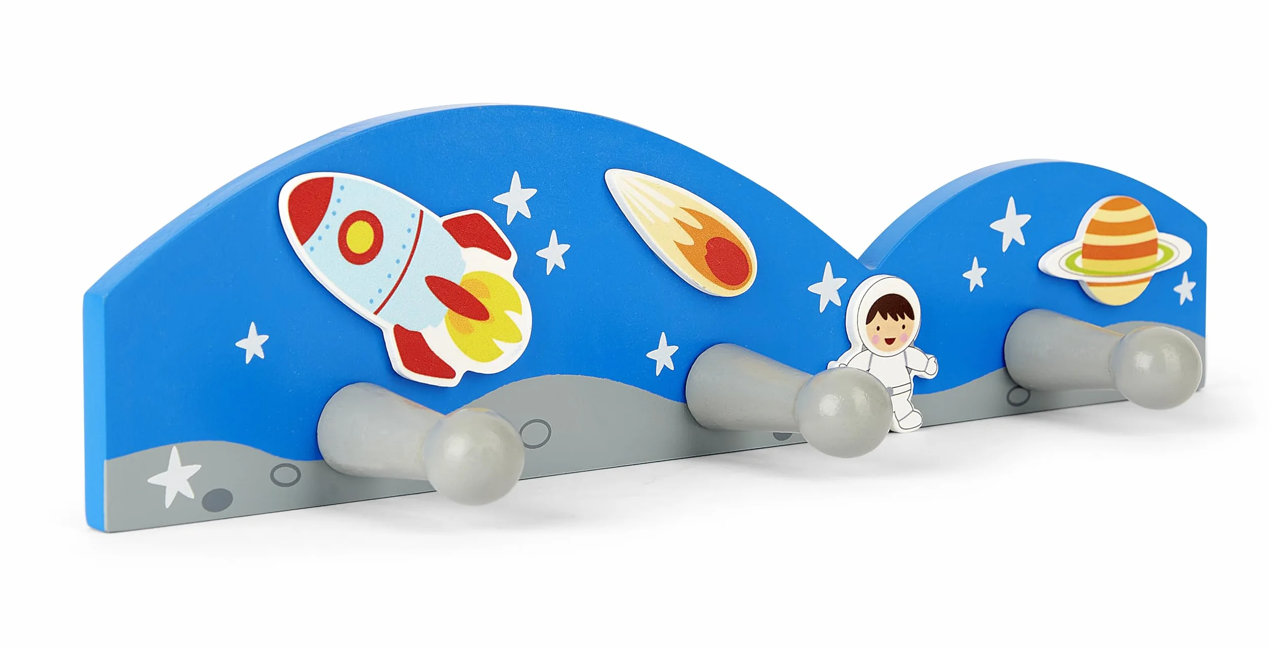 Appendiabiti in legno con 3 ganci per bambini tema razzo spaziale