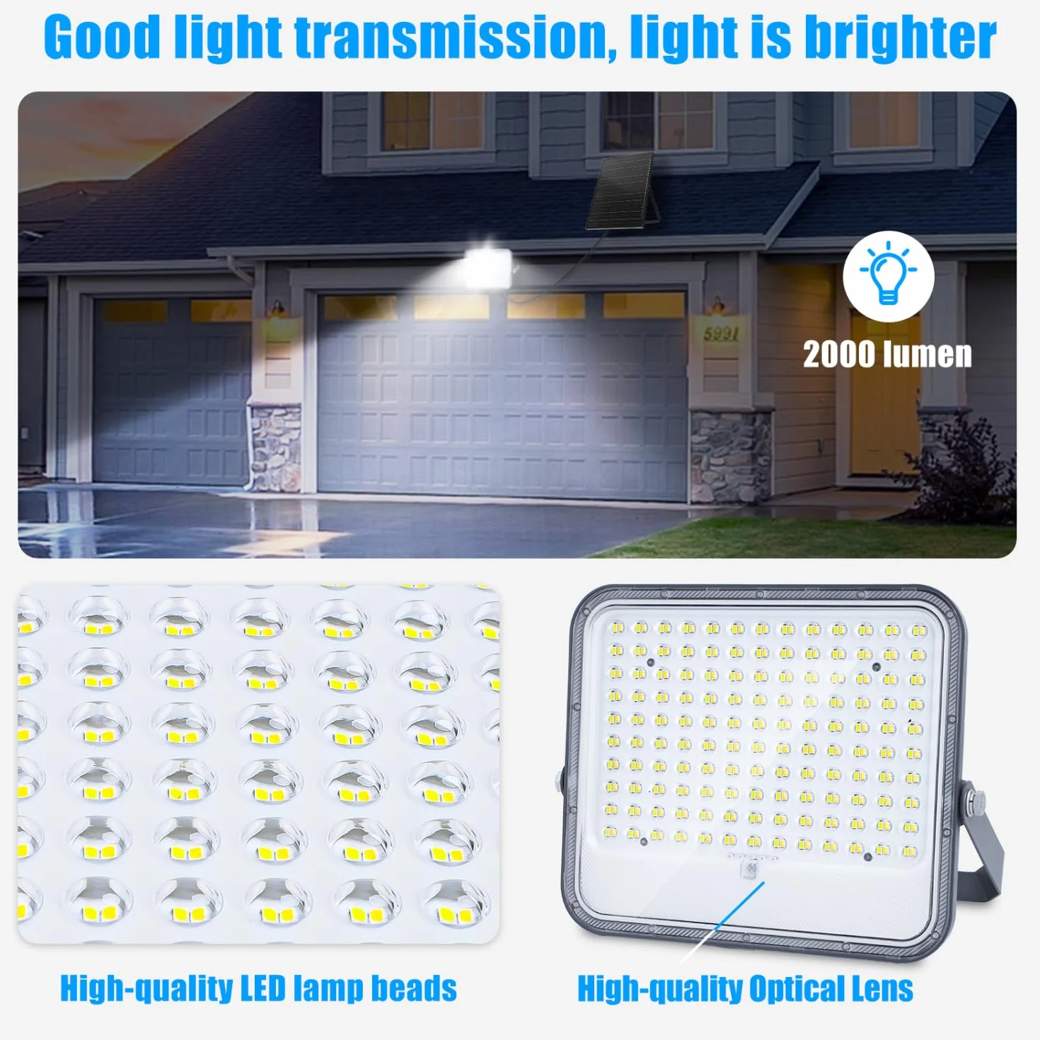 Aigostar- Faro led esterno con grande pannello solare，dimmerabile 3000/4000/6500K，16000mAH，Batteria di grande capacità，IP66，Faretto led da esterno solare con telecomando per esterno e giardino