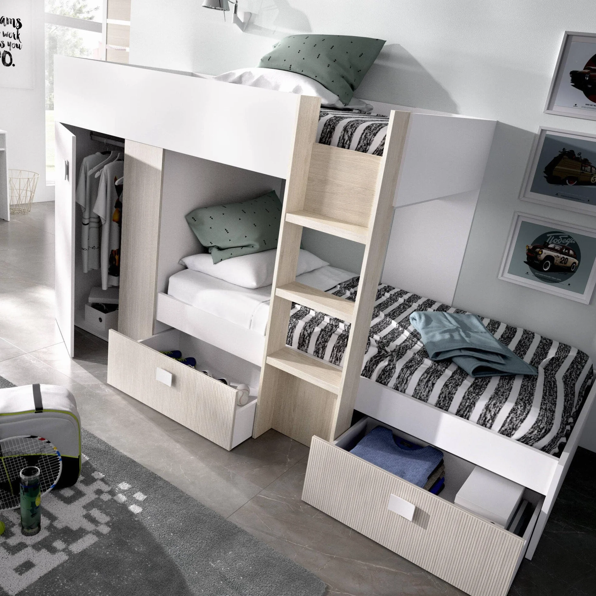Dmora Bambini Cevedale Cameretta Completa Letto a Castello Due Lettini Singoli 271x111h150 cm Bianco e Rovere