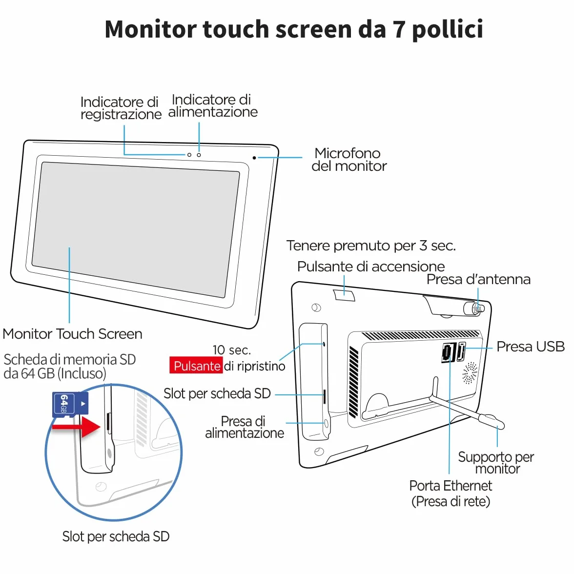 SecuFirst Kit Telecamere Videosorveglianza Esterno 2K senza fili 7" Touch Screen monitor 64 GB memoria nessun abbonamento