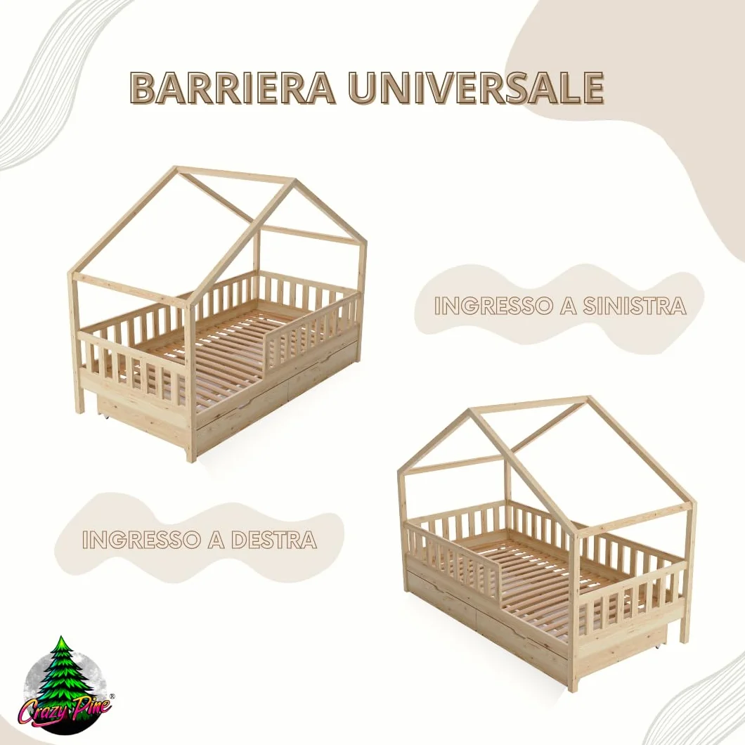 Letto Montessori a Pavimento 200x120 cm Legno Naturale con Cassetti