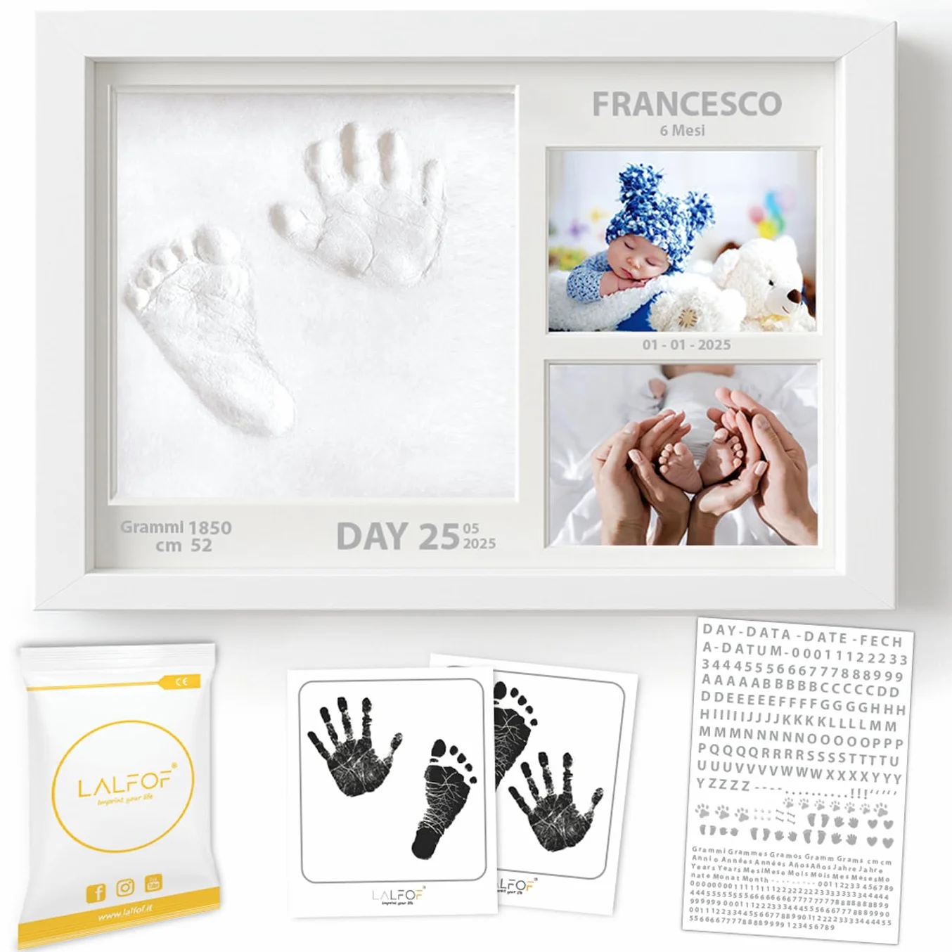 Lalfof® Cornice Impronta Mani e Piedi Neonati 2in1 con Nome, Kit in Argilla e Inkpad, Idea Regalo per Neonato