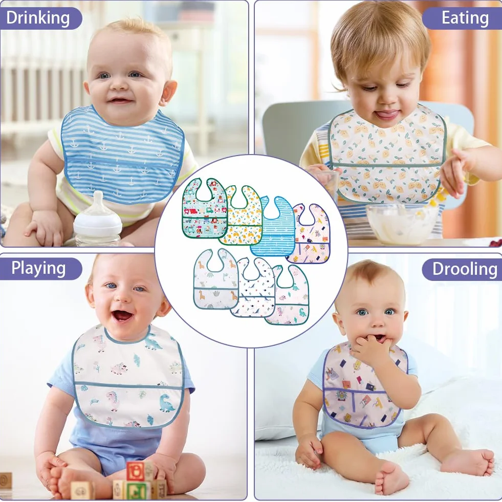 Aolso Bavaglini Neonato Impermeabile con Tasca Set 7 Pezzi Lavabili 6 Mesi 3 Anni