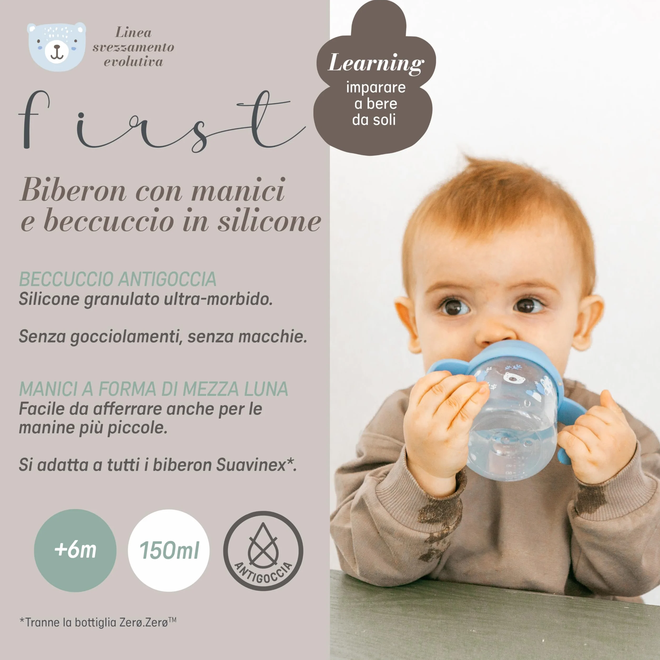 Bicchiere di Apprendimento Suavinex per Neonati+6 Mesi 150 ml Beccuccio in Silicone Anticolica