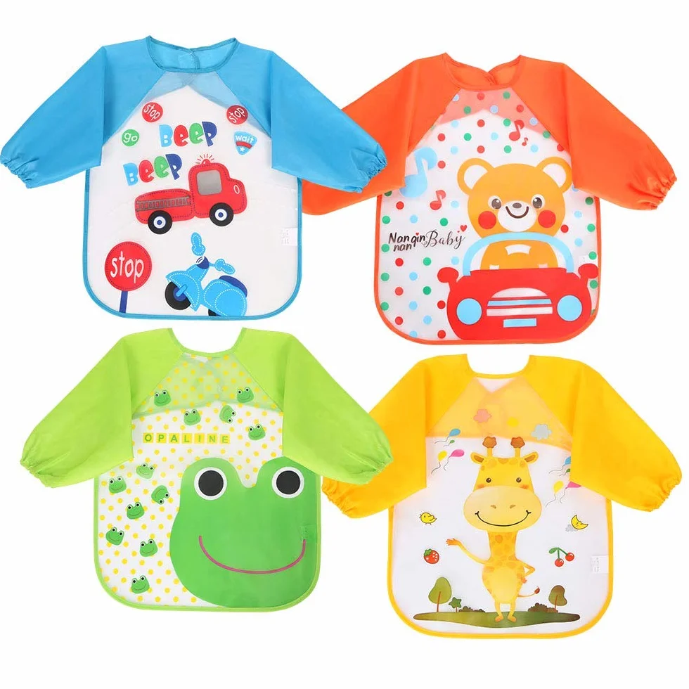 Vicloon Set di 4 Bavaglini Impermeabili con Maniche Lunghe per Bambini 6-36 Mesi