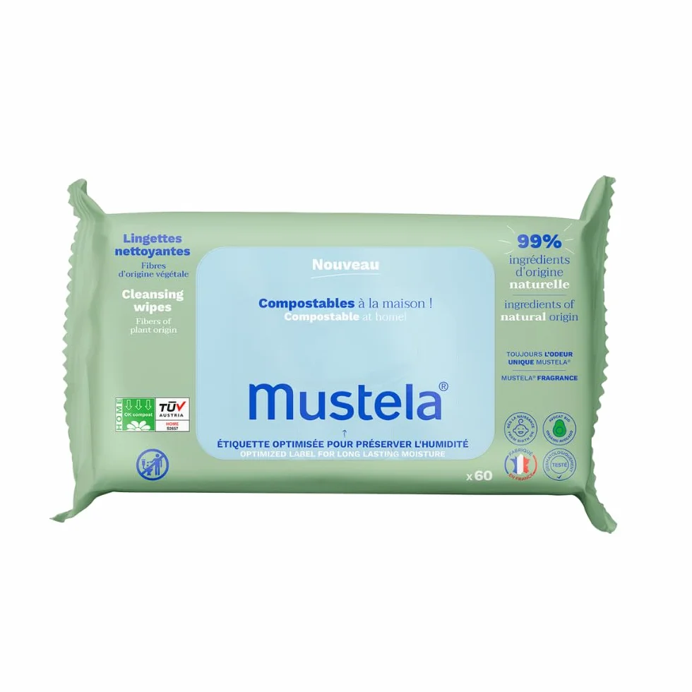 Mustela Salviette Cambio Pannolino Compostabili Profumate 100% Fibre Lyocell Origine Vegetale 60 Pezzi