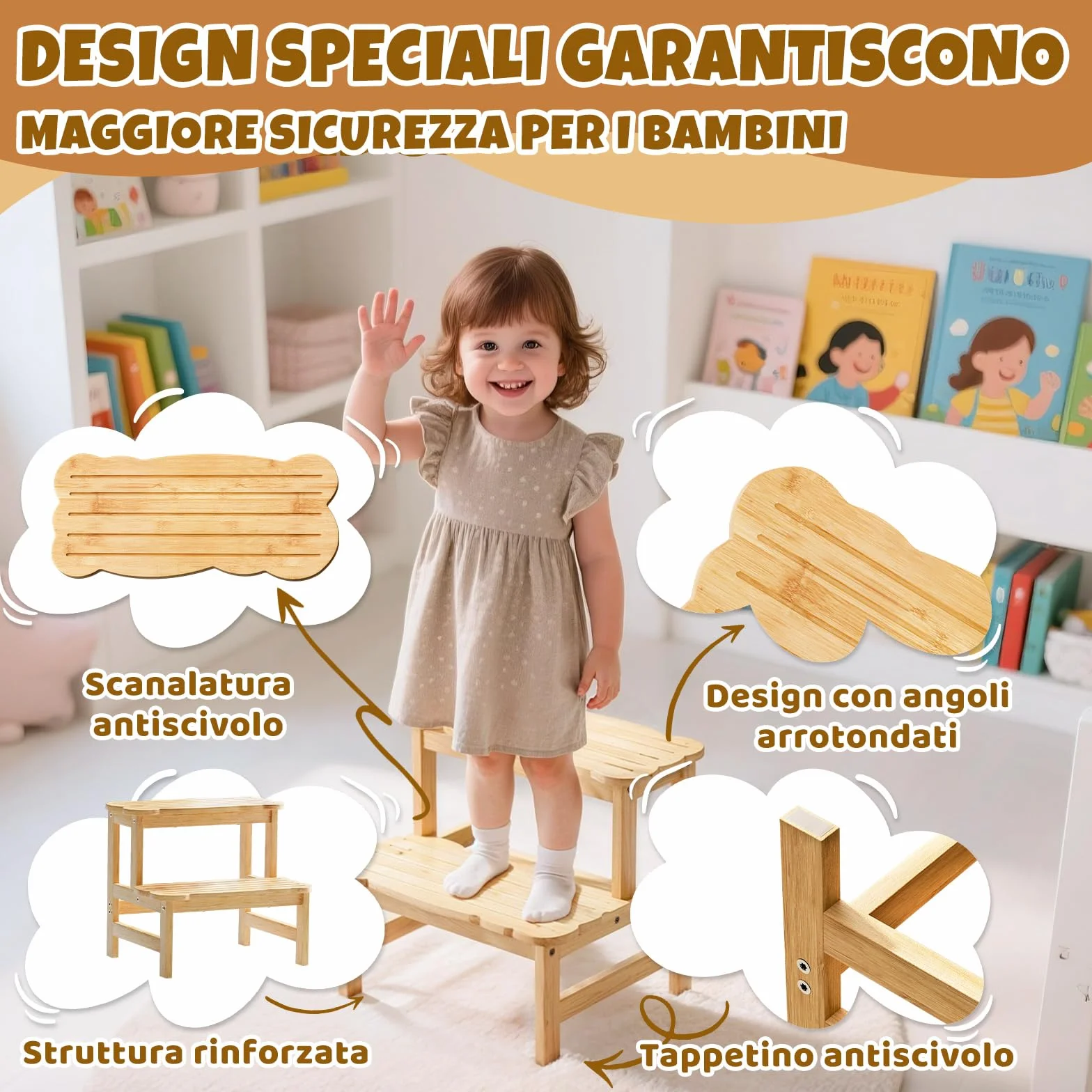 COSYLAND Sgabello Bagno Bambini in Bambù a 2 Gradini Antiscivolo Fino a 136 kg Naturale