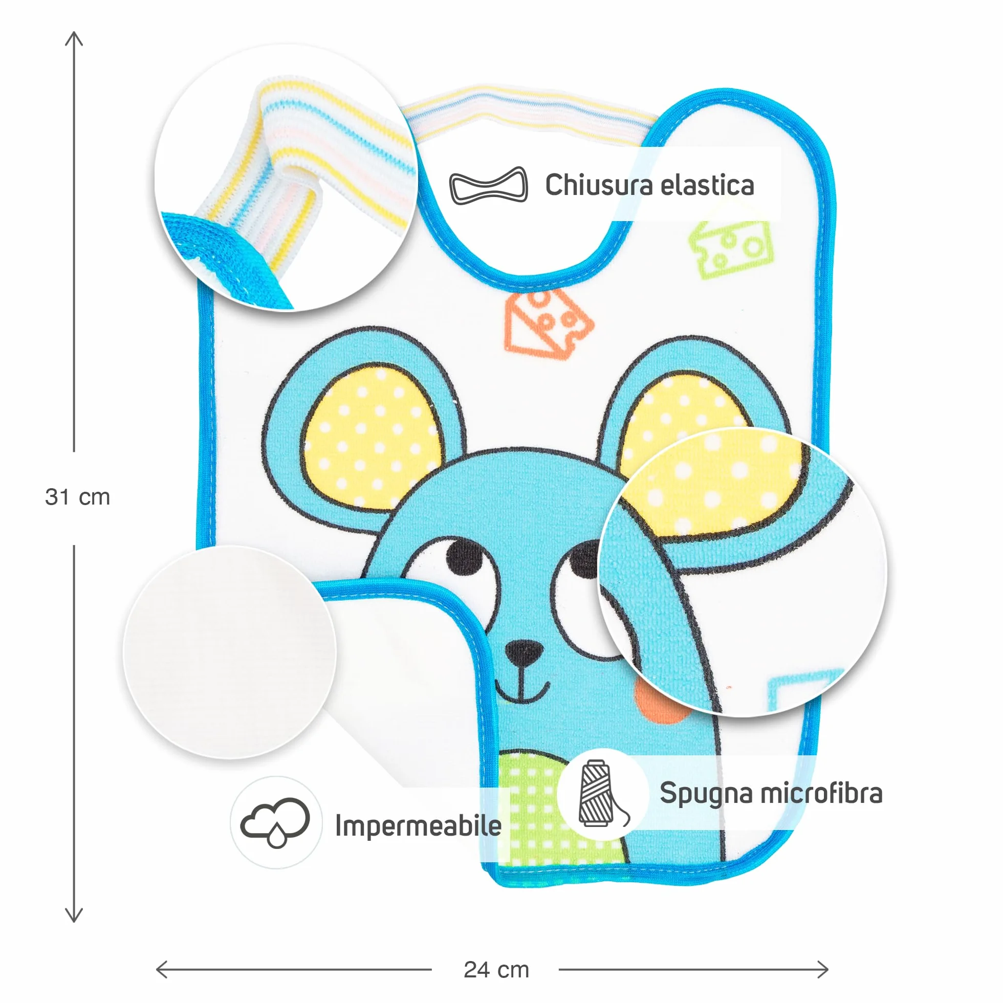 Set di 4 bavaglini per bambini 6-12 mesi microfibra impermeabili 24x31 cm con elastico animali