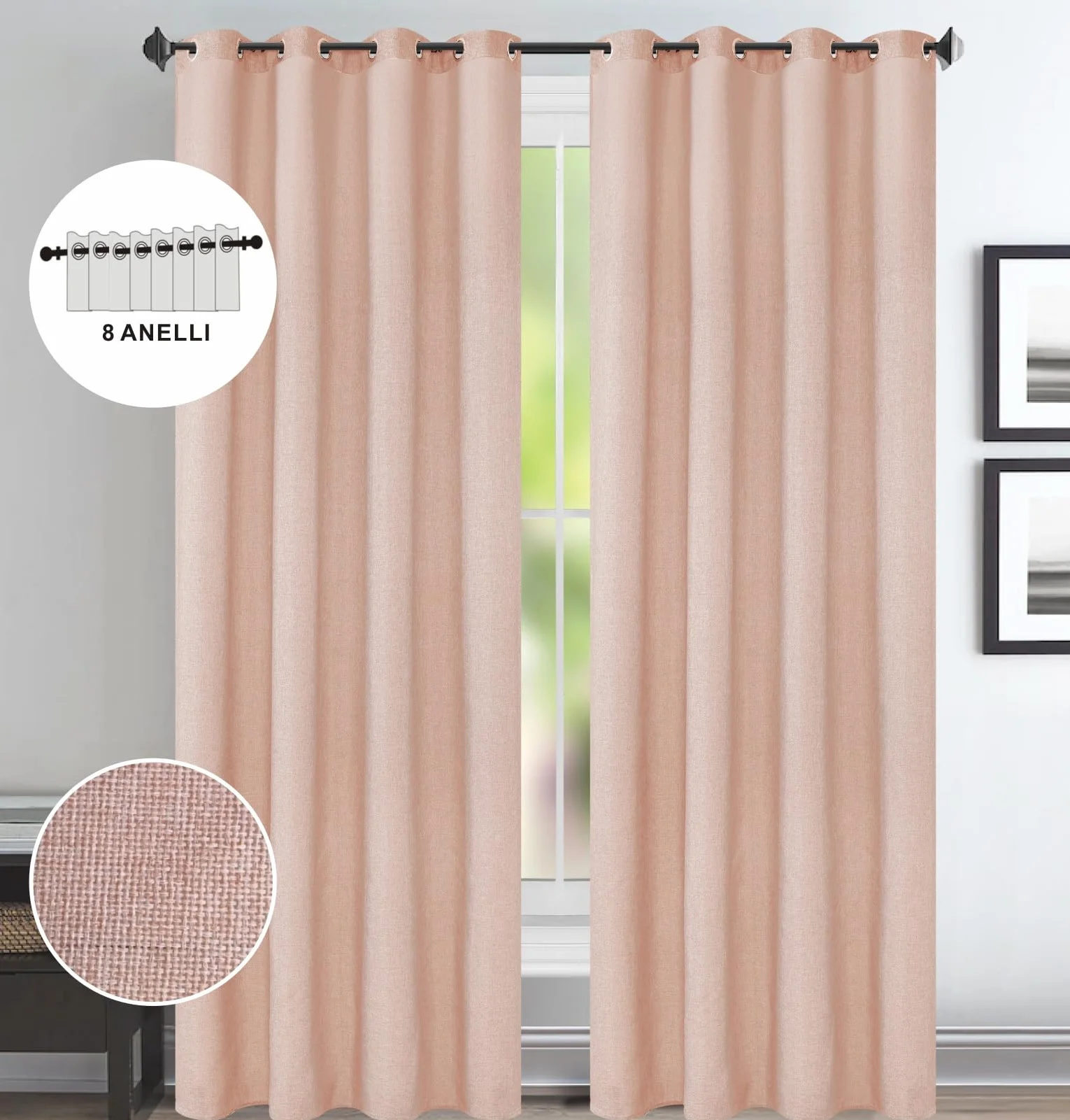 TENDA SINGOLA LINO 140X280 PANNELLO ANELLI SEMICOPRENTE ROSA