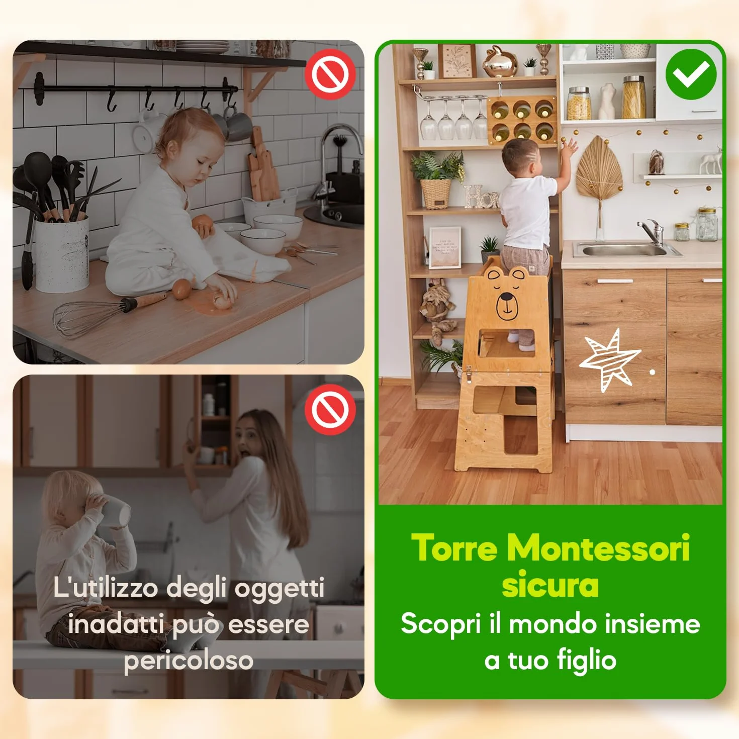Torre Montessoriana 3-in-1 in Legno Naturale per Bambini da 1 Anno con Lavagna, Tavolo e Sedia, Sgabello Cucina e Bagno