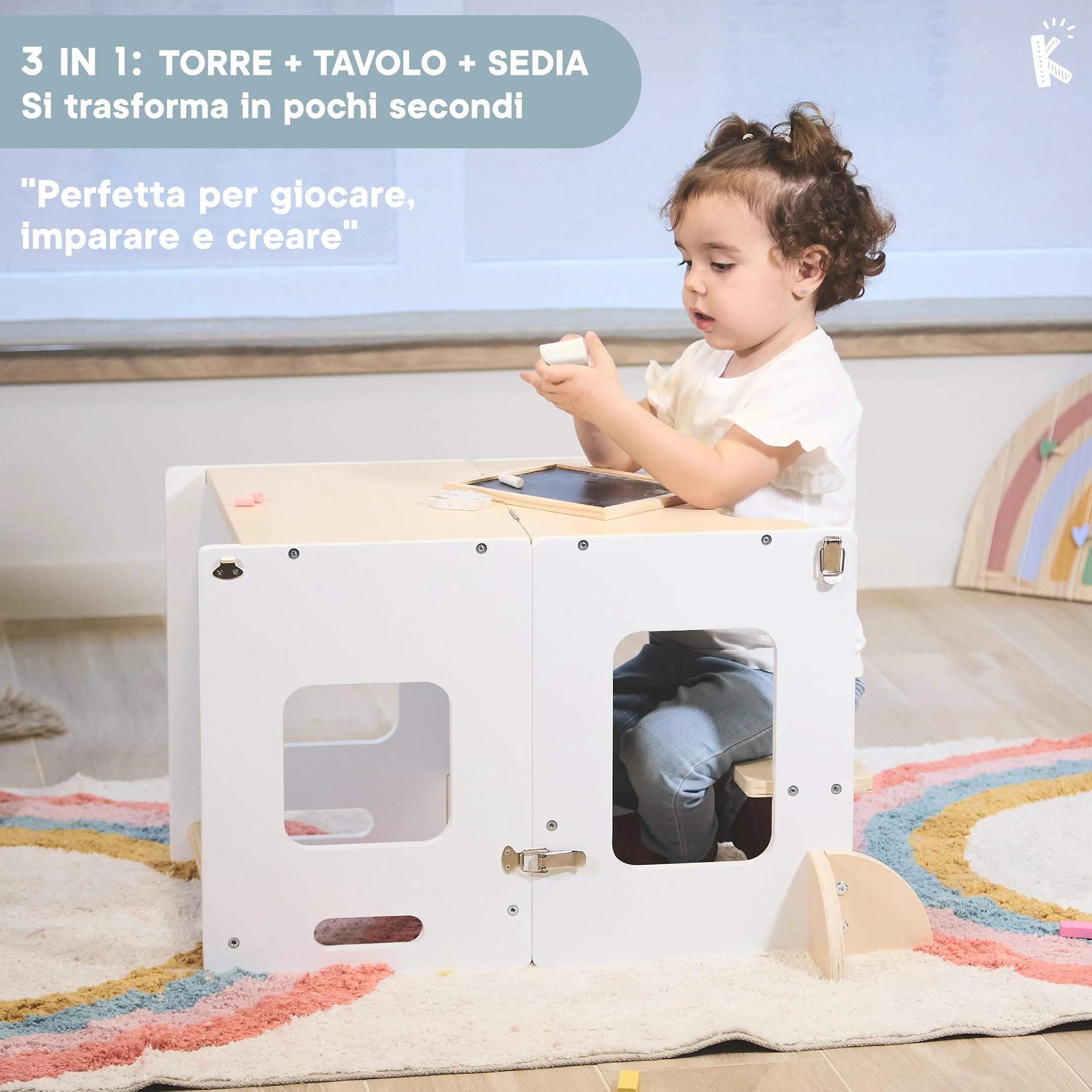 Torre Montessoriana Bambini 3 in 1 con Lavagna e Gambe di Sicurezza Scrivania Pieghevole Legno Sostenibile
