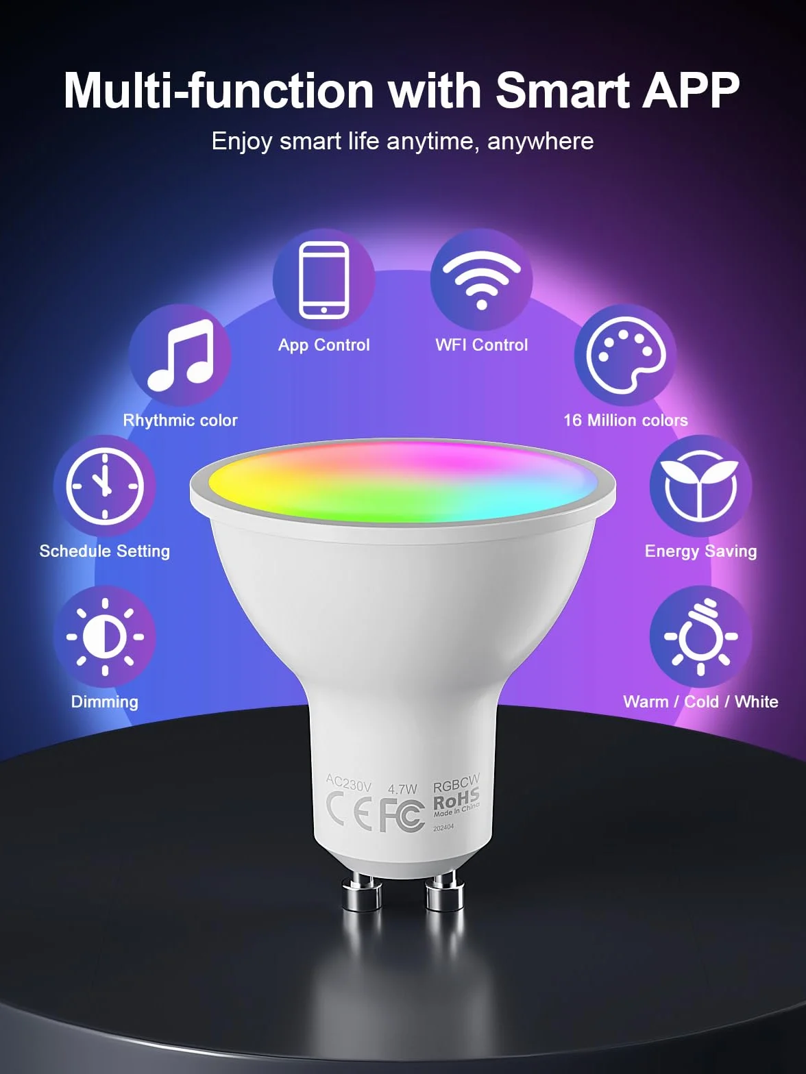 Fitop Lampadine Alexa Inteligente LED GU10, Dimmerabile Lampadina Smart 4.7W=50W, RGB & 2200K-6500K Bianco Freddo Caldo, Compatibile con Alexa/Google Home/Siri, Controllo APP, 5 pezzi