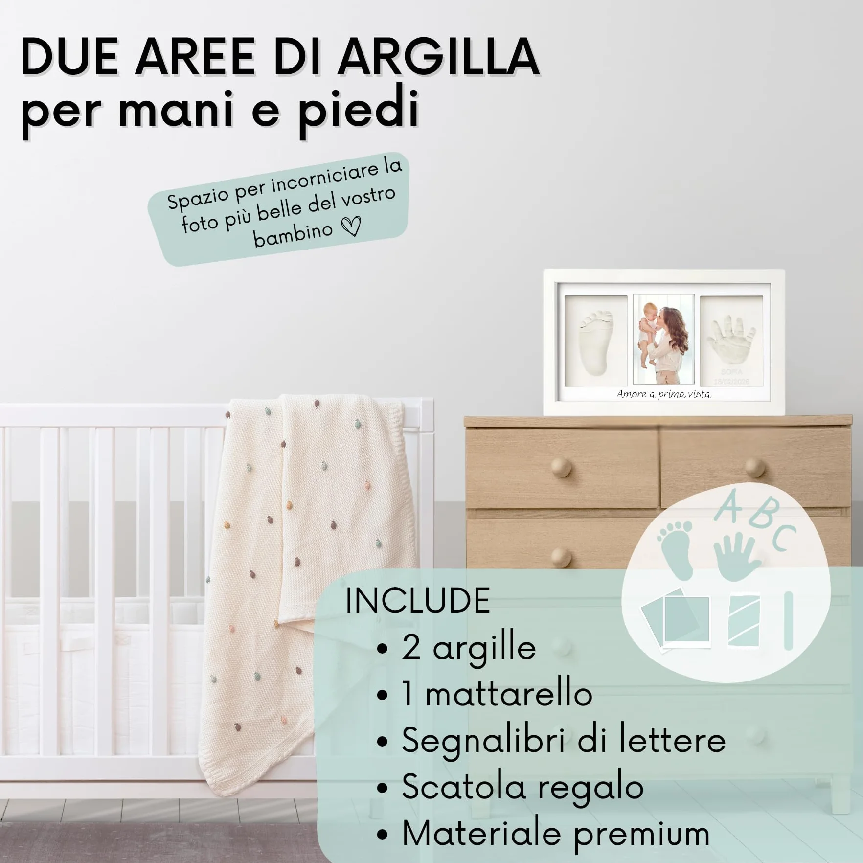Kit impronte neonato con argilla e cornice per calco mani e piedi, idea regalo nascita o battesimo, ricordo originale bianco