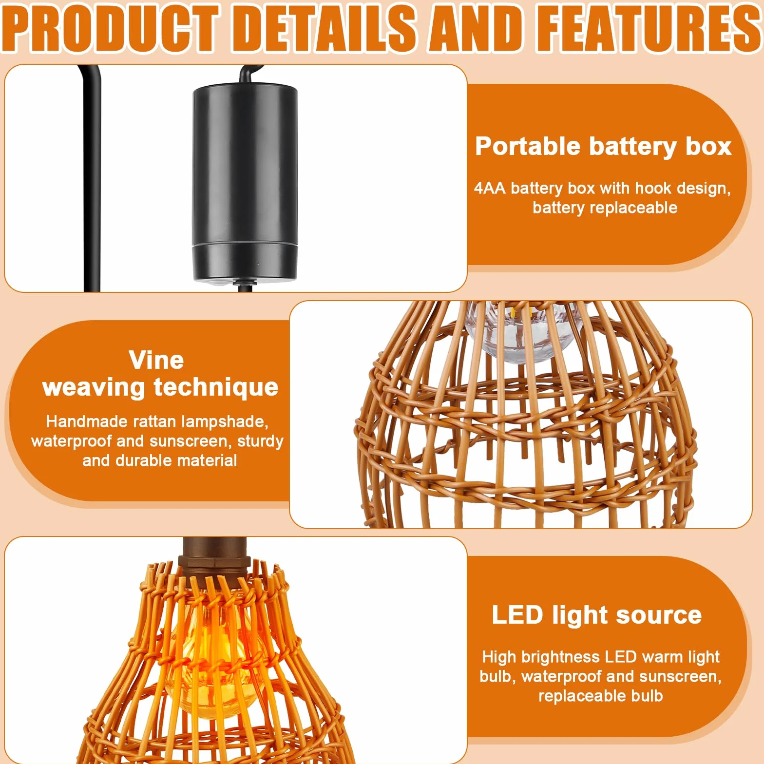 Lampada a sospensione in rattan: 2 pezzi a batteria, lampada a sospensione boho con telecomando, per esterni, per giardino, esterni, per terrazze e gazebo