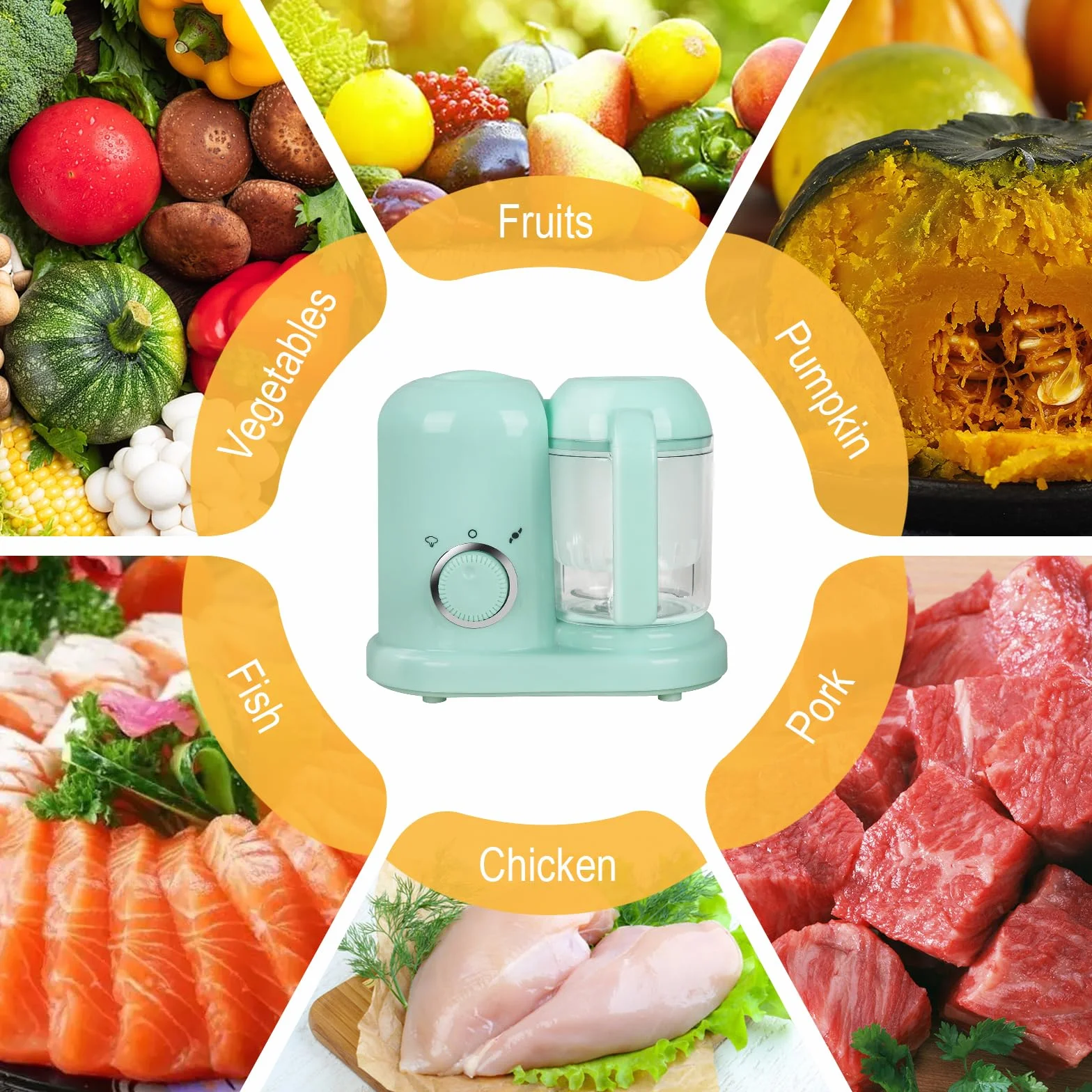 Robot multifunzione 4 in 1 per alimenti bambini, vaporizzatore, frullatore, scongelatore, riscaldatore (Verde)