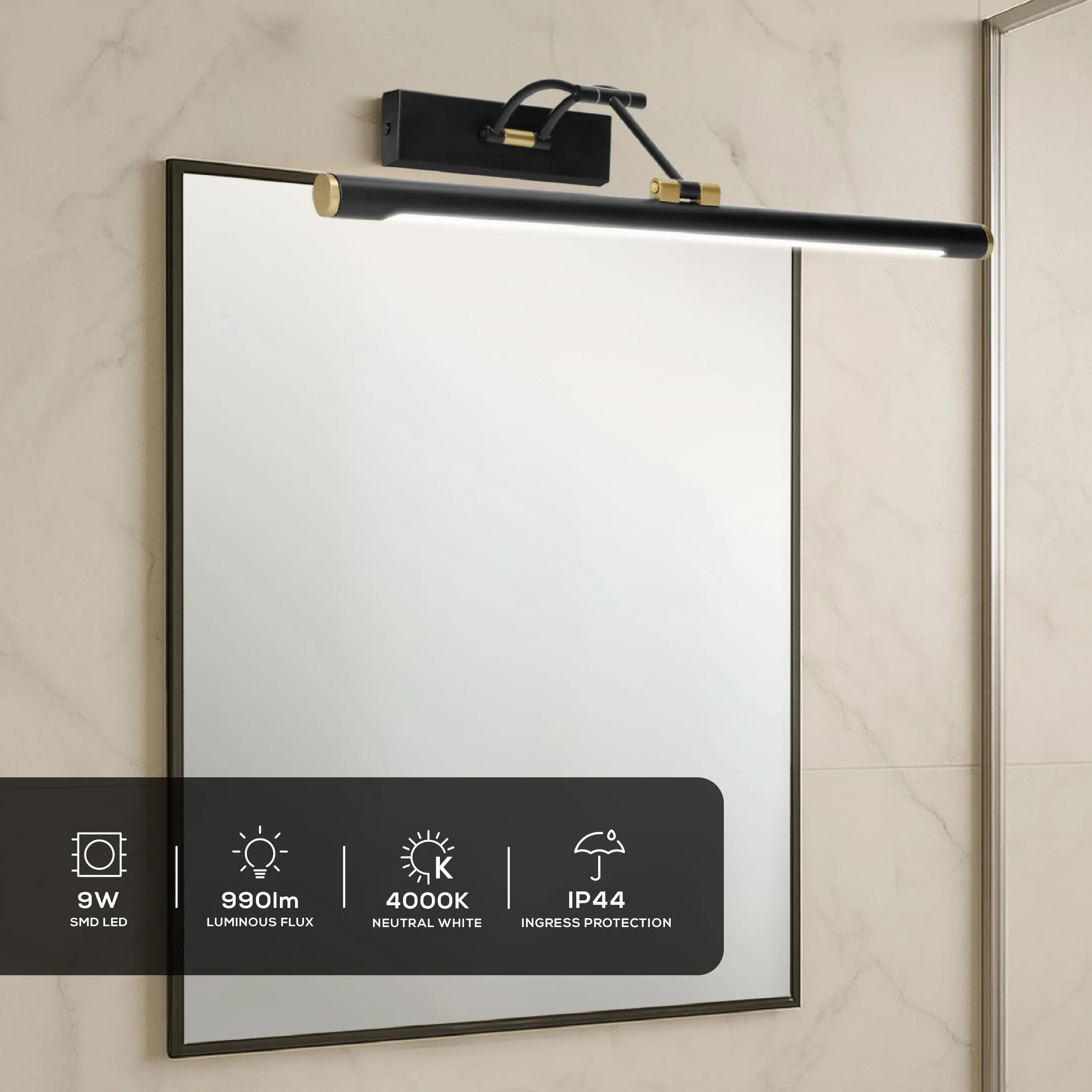 Lampada Specchio Bagno Colore Nero 4000K IP44 Applique Bagno Specchio con Braccio Mobile - Regolazione dell'Angolo di Illuminazione Design Moderno (40cm / 7W / 770lm)