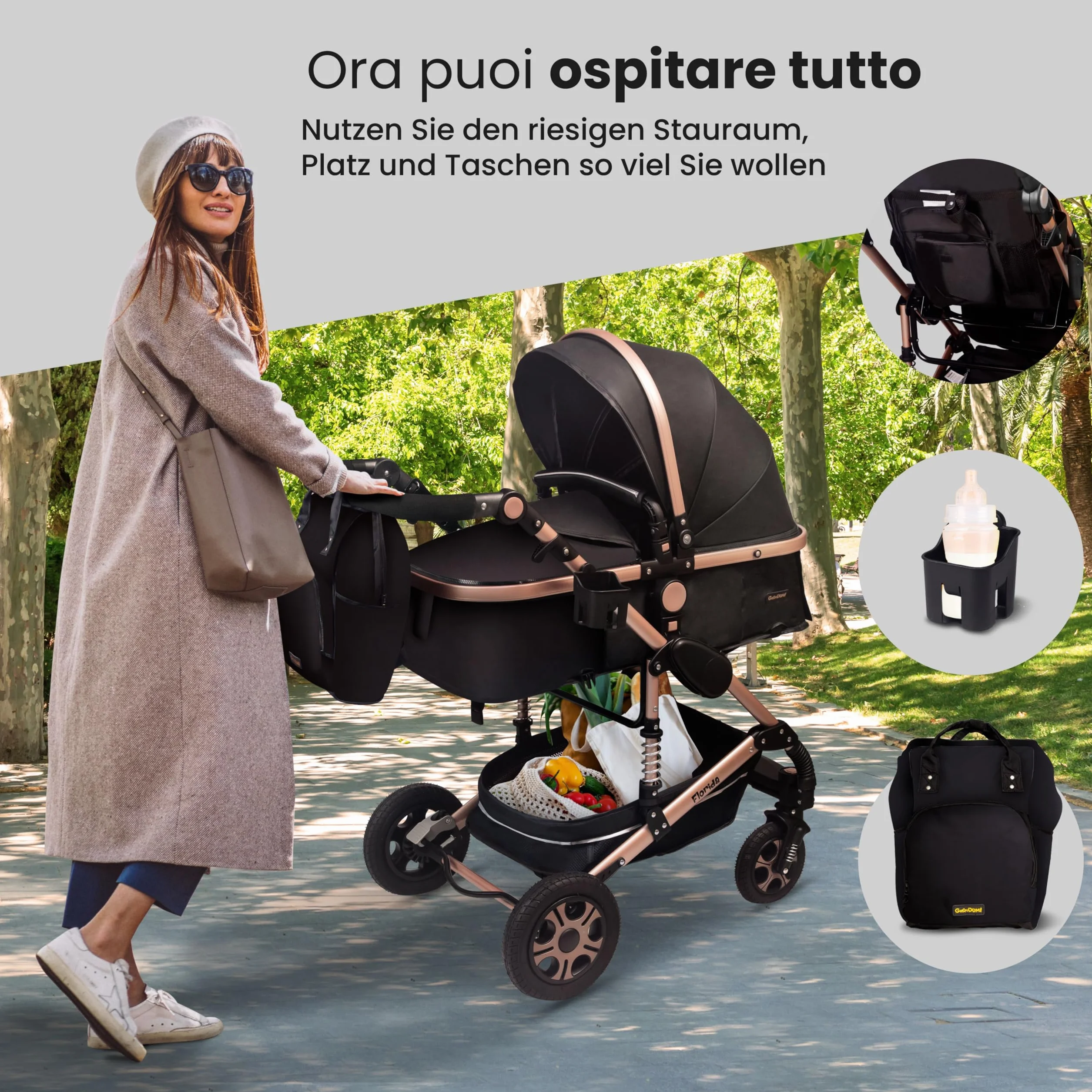 GaGaDumi Florida 3 in 1 Passeggino Trio, Carrozzina, Seggiolino Auto, Pieghevole, 0-36 mesi, Nero/Oro