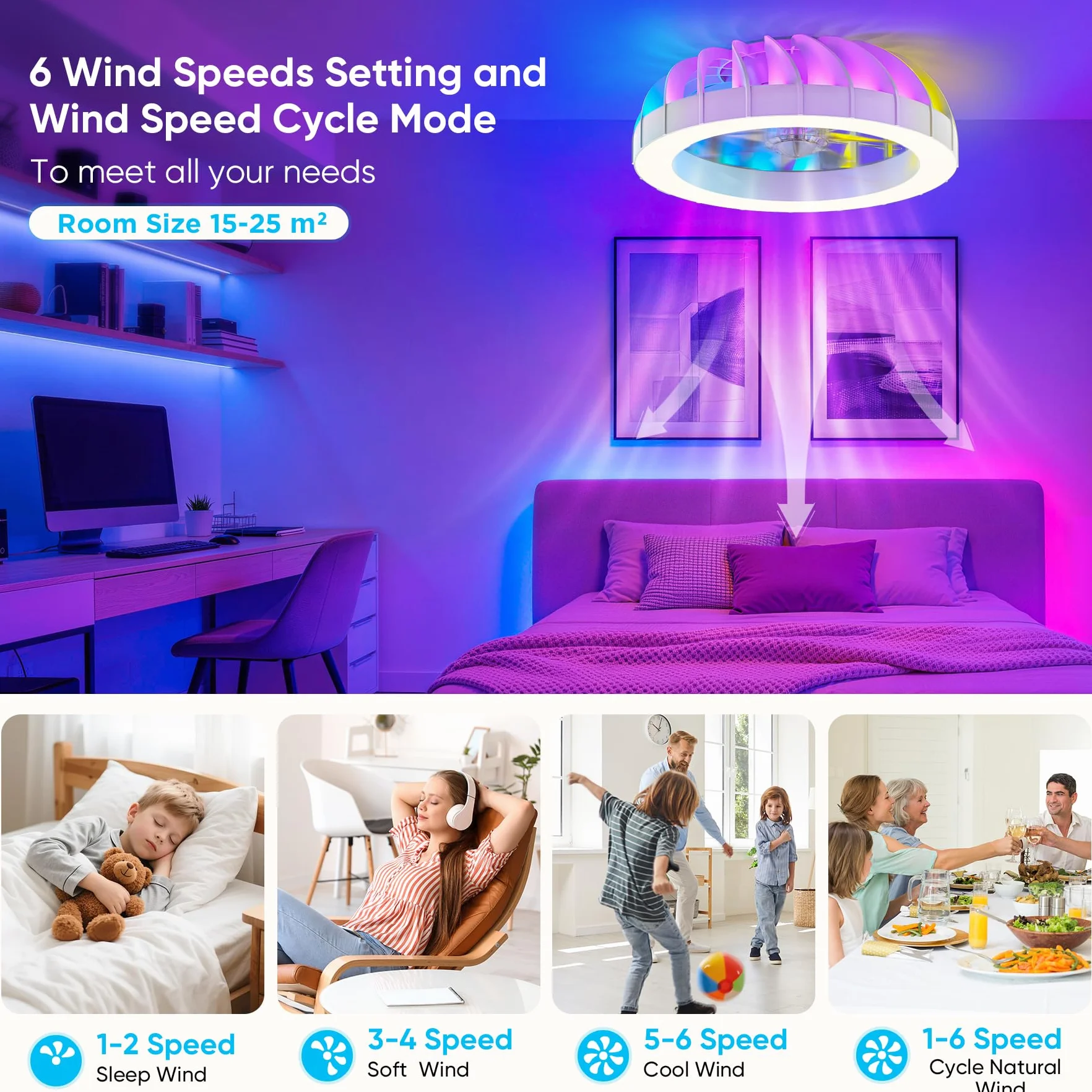 46cm Ventilatore da Soffitto con Luce e Telecomando, 6 Velocità Silenzioso Lampadario con Ventilatore da Soffitto, Timer, 3000k-6500k & RGB Plafoniera Ventilatore per Camera da Letto Soggiorno