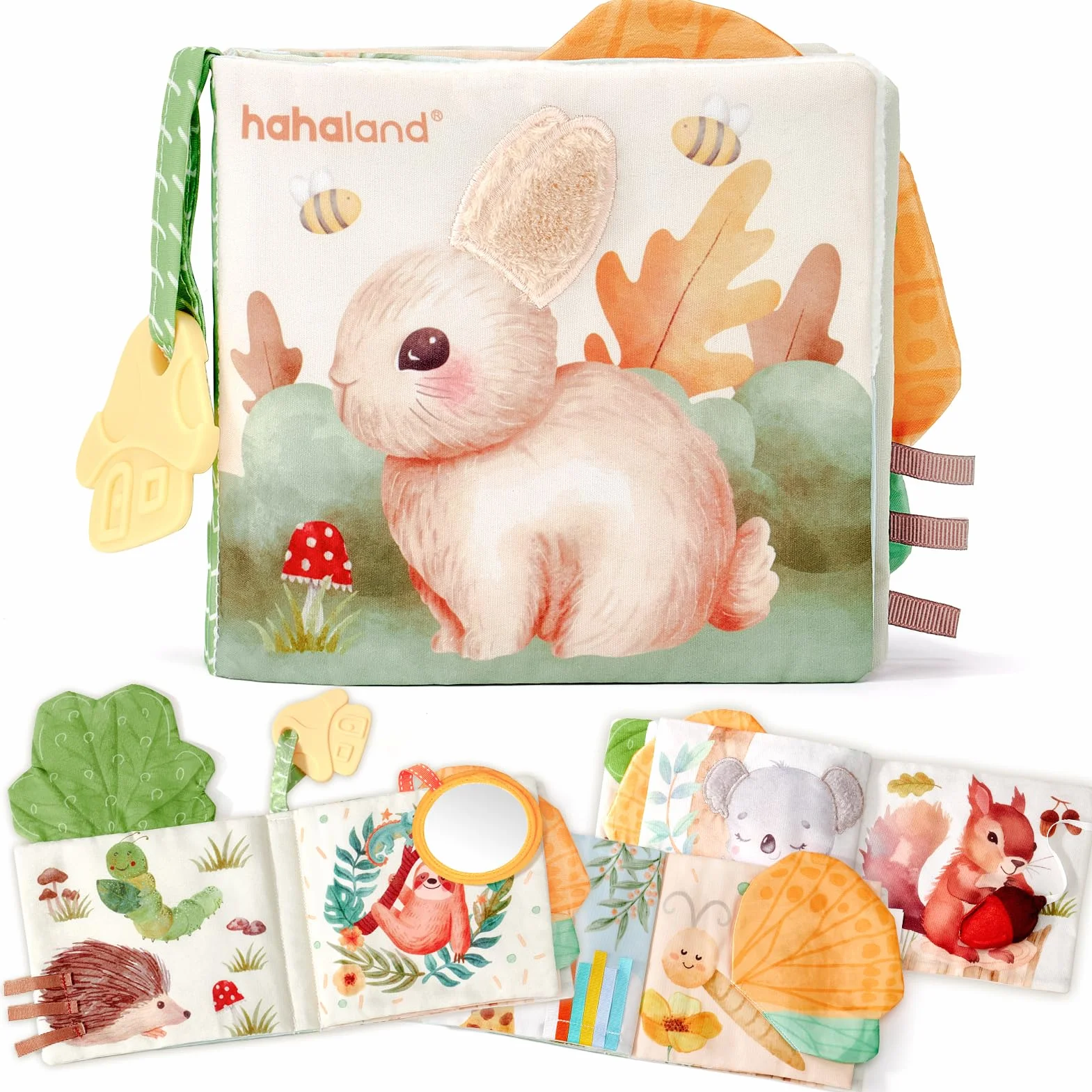 hahaland Libri di Stoffa Neonati 0-6 Mesi - Morbidi Animali Interattivi Libretto Tattile con Specchio - Giochi Sensoriali per Bimbo Bimba