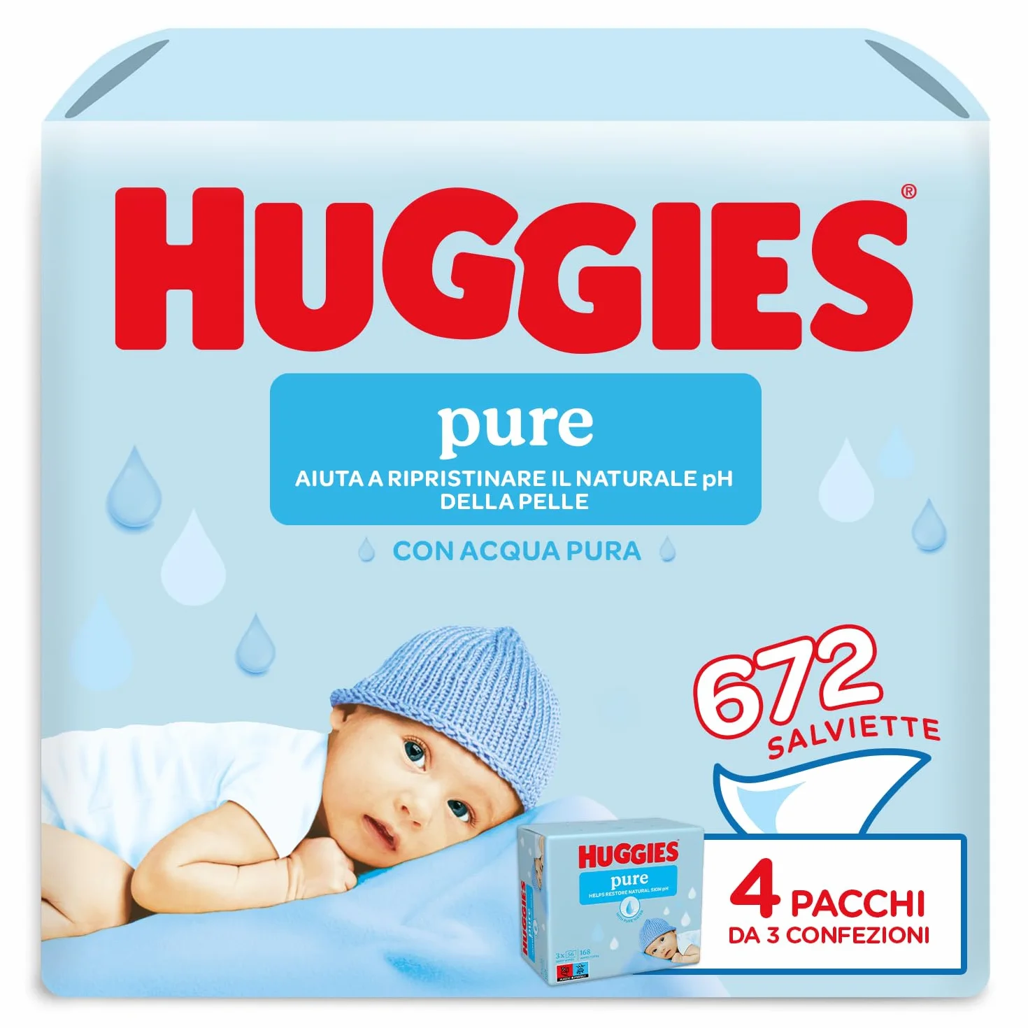 Huggies Pure Salviette neonato 99% acqua pura 65% fibre assorbenti naturali 672 Pz