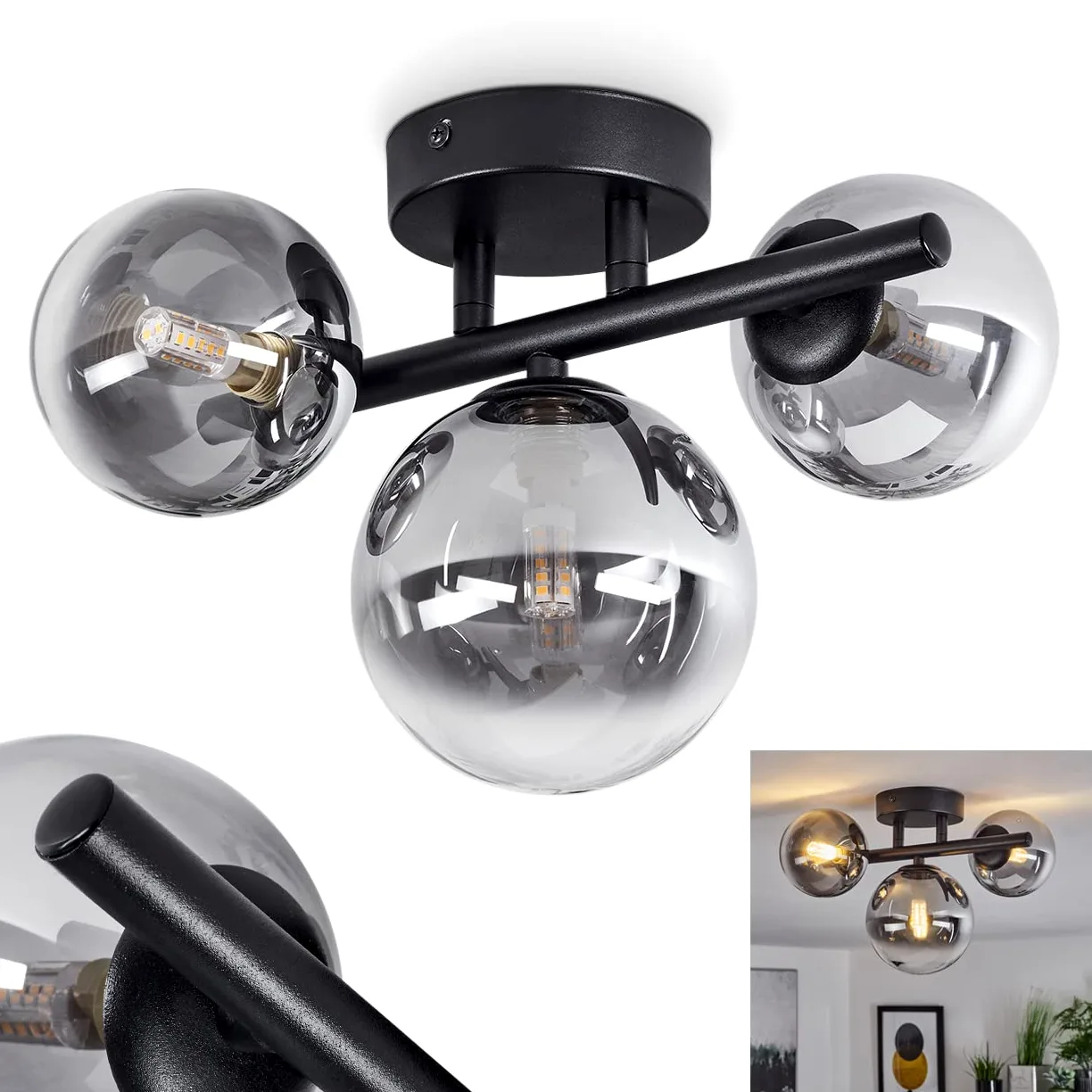 Lampada a soffitto Chehalis, lampada a soffitto moderna in metallo/vetro in colore nero/fumo, lampada dal design moderno con paralumi in vetro fumé, 3 luci, 3 x G9, senza lampadina/e