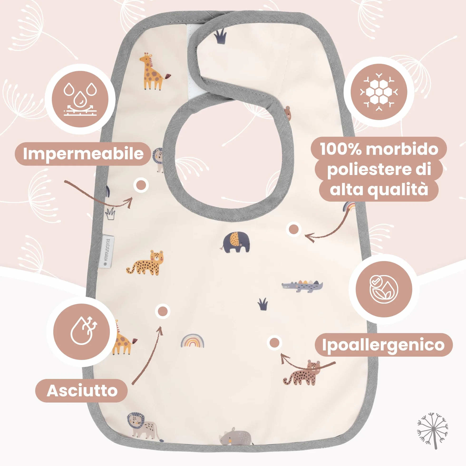 Set di 2 Bavaglini Neonato Impermeabili MIMUSELINA | Bavaglino Pappa Svezzamento Comodo | Prodotto in Spagna