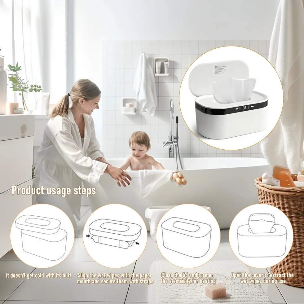 LOMUG Scalda salviette umidificate, 3 impostazioni di calore, riscaldamento rapido, USB, LED