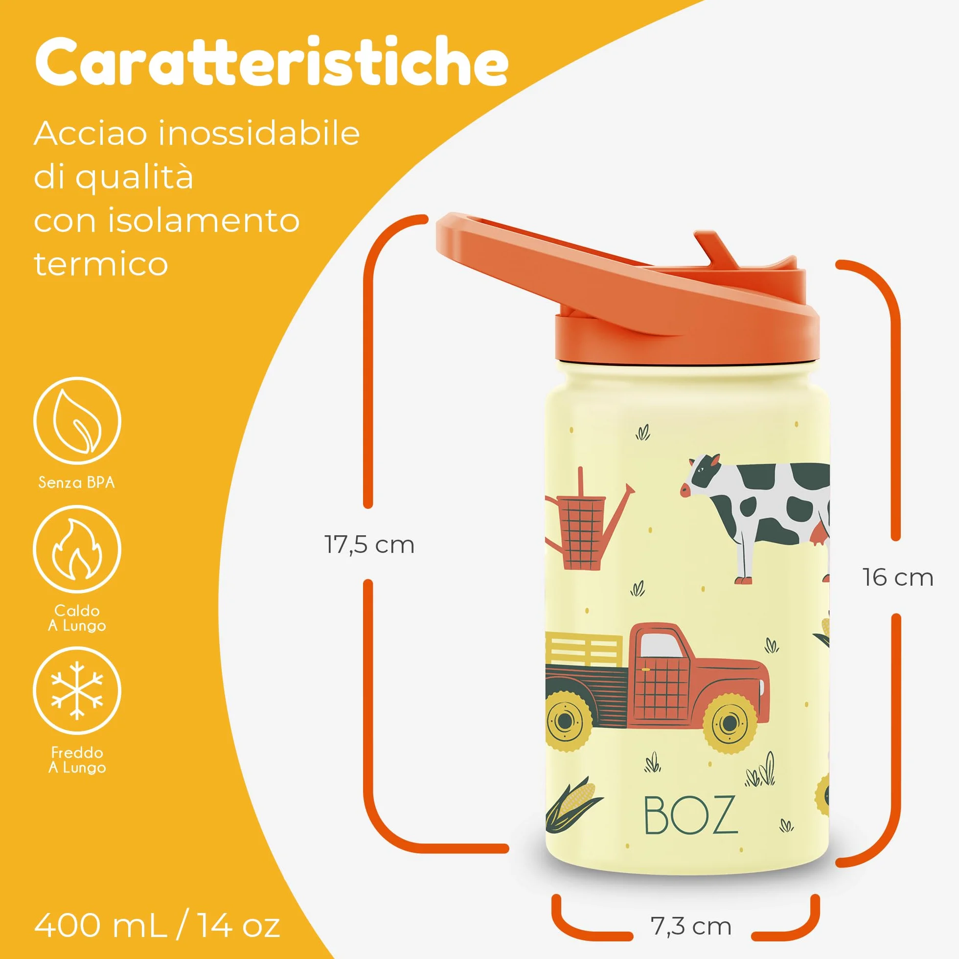 Borraccia Bambini con Cannuccia 400 ml BOZ, Termica, Lavabile in Lavastoviglie, BPA Free, Antigraffio