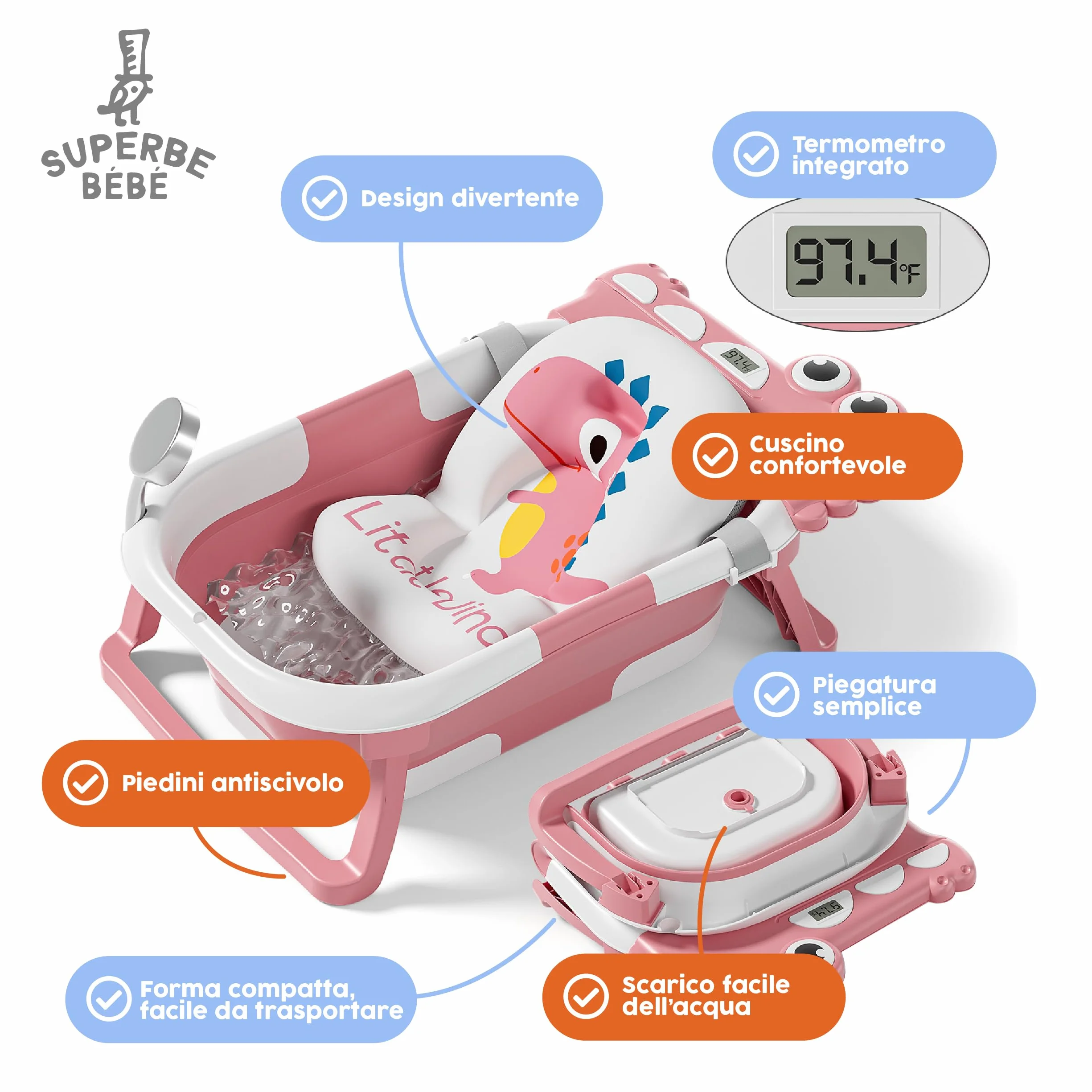 Vaschetta Bagnetto Neonato Pieghevole con Cuscino e Termometro 1-3 Anni