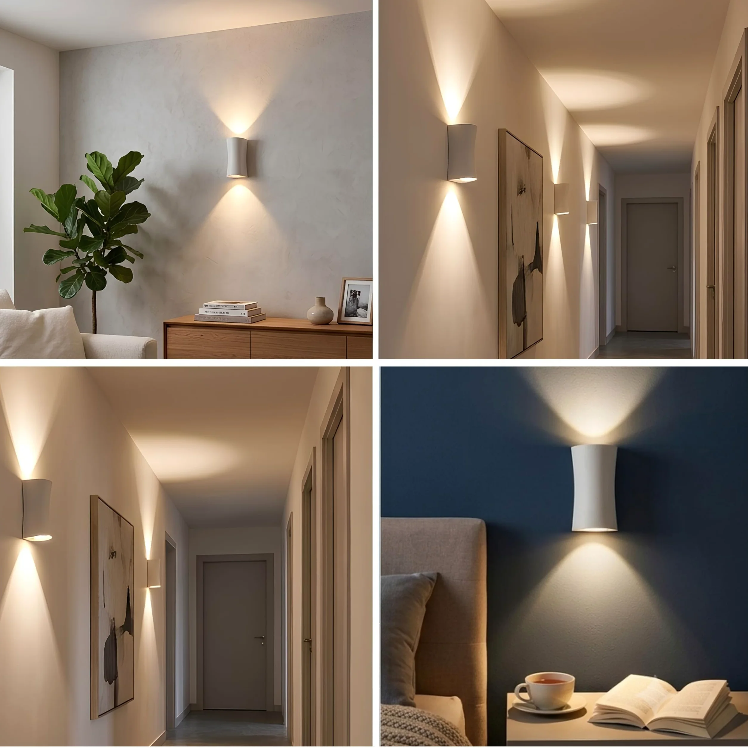 YASTA 4 Pezzi Applique da Parete per Interno Gesso Bianco Verniciabile | Effetto di luce diffusa sopra e sotto, Doppio attacco per faretto LED GU10 (NON INCLUSI), Design moderno, Lampada pitturabile