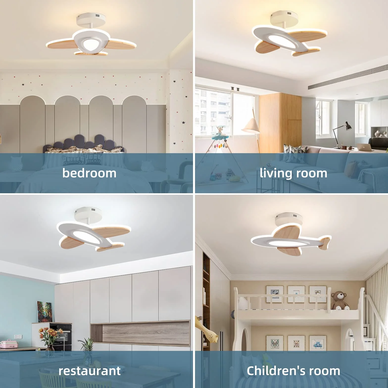 Lampada Da Soffitto A LED Da 35 W Per Pamera Dei Bambini, A Forma Di Aeroplano, Dimmerabile, Con Telecomando, 50 x 45 CM,2700-6500 K,Bianco E Legno Accessori Lampada Da Soffitto
