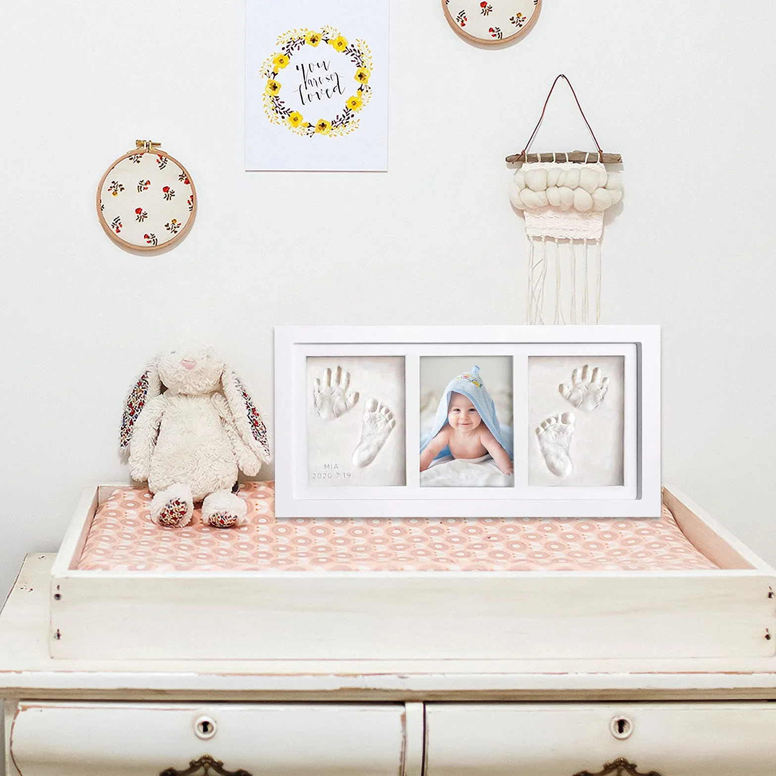 Kit Porta Foto Impronta Mani e Piedi Neonati, Cornice Impronte Neonato con Portafoto Legno e Argilla