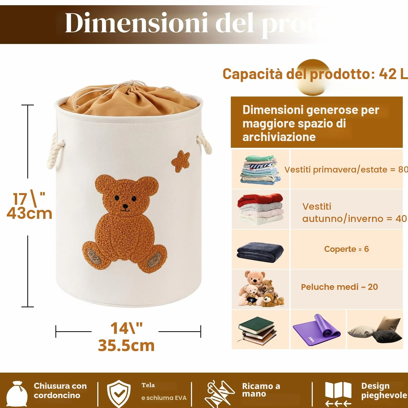 Cesto Portabiancheria Contenitore Giochi Bambini, Scatola Giocattoli Nursery, Orso